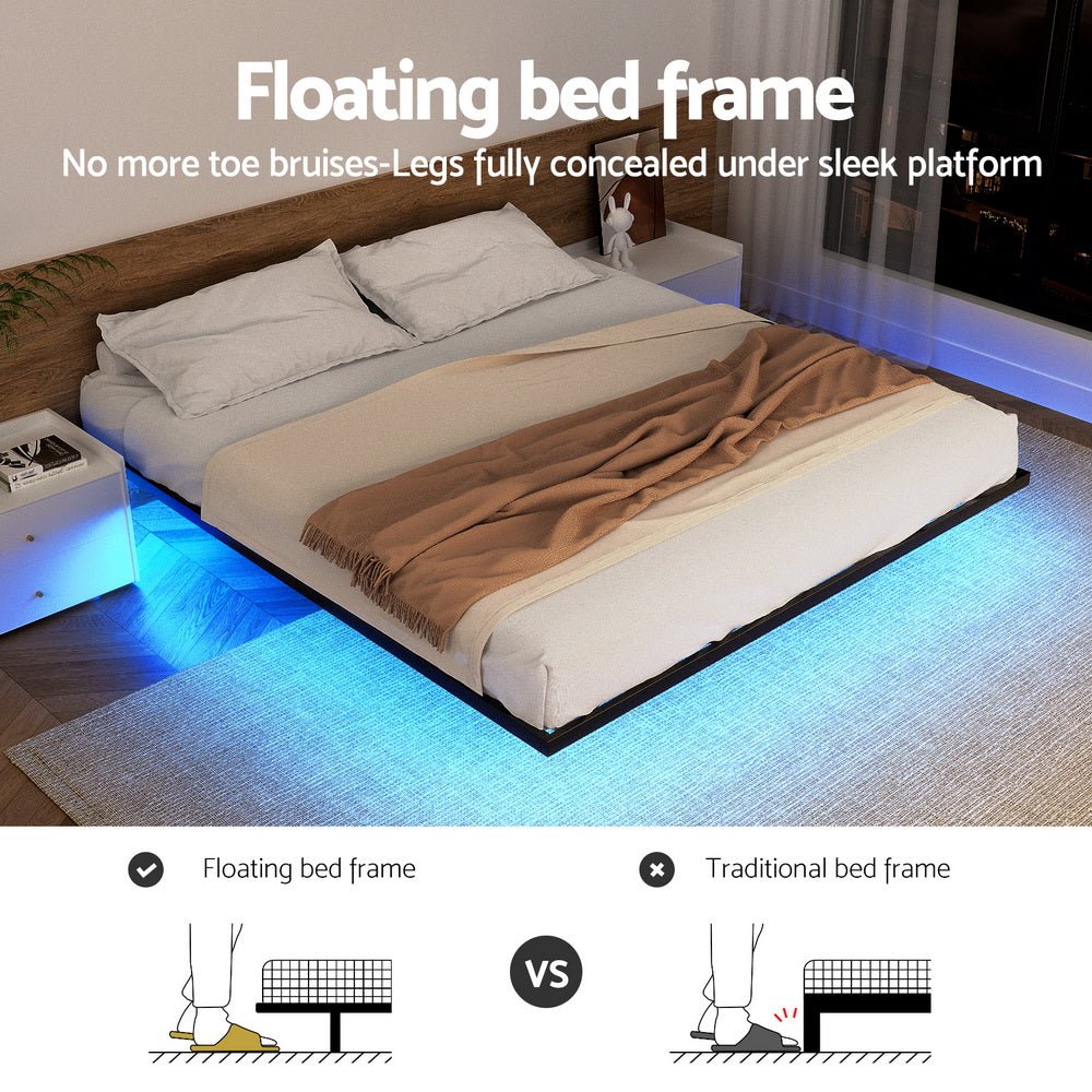 King Bed Frame,Floating Metal Bed Frame with Smart LED Lights - Sturdy Metal Platform Bed Base, Silent Design, Tool - Free Assembly, 300KG Capacity for Home/Hotel/Master Bedroom - Furniture > Bedroom > Beds & Bed Frames - Rivercity House & Home Co. (ABN 18 642 972 209) - Affordable Modern Furniture Australia