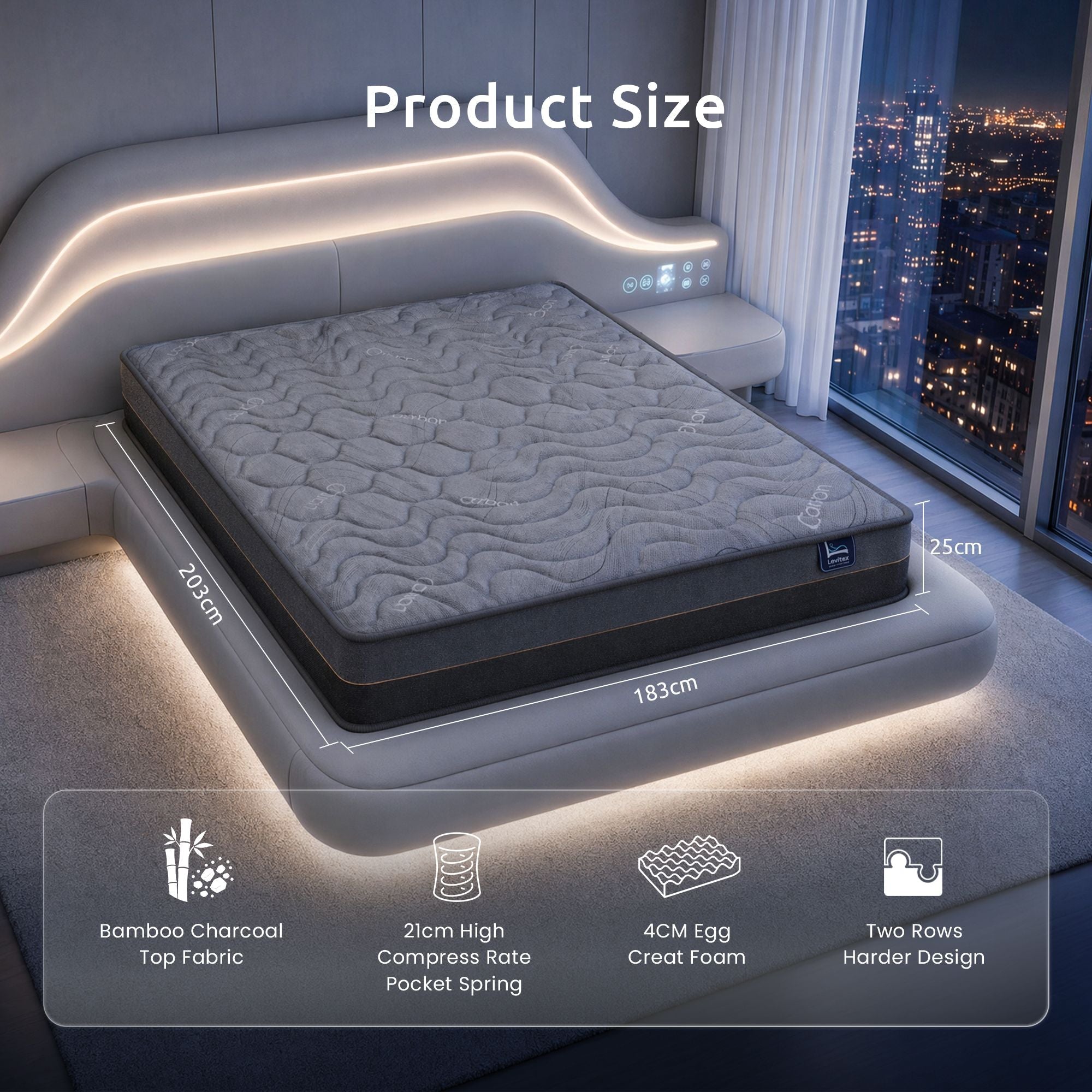 King Mattress 25 cm Hybrid Pocket Spring with 4cm Egg Crate Foam for Deep Sleep Bamboo Charcoal Fabric - Furniture > Mattresses > King Size Mattress - Rivercity House & Home Co. (ABN 18 642 972 209) - Affordable Modern Furniture Australia