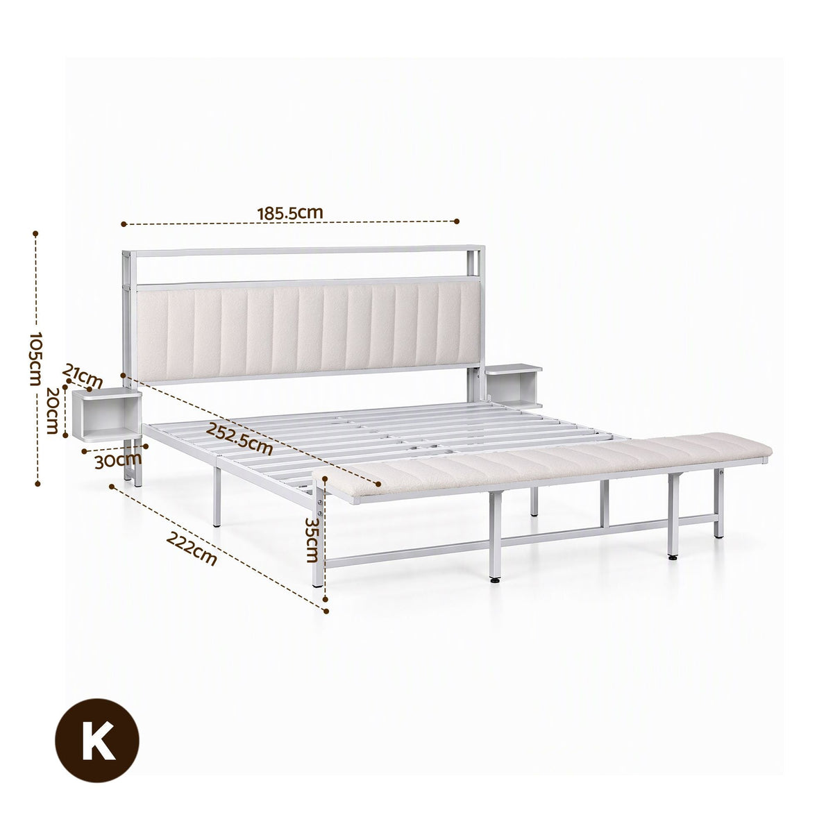 King Metal Bed Frame with Boucle Headboard, Charging Station & Side Tables - White - Furniture > Bedroom > Beds & Bed Frames - Rivercity House & Home Co. (ABN 18 642 972 209) - Affordable Modern Furniture Australia