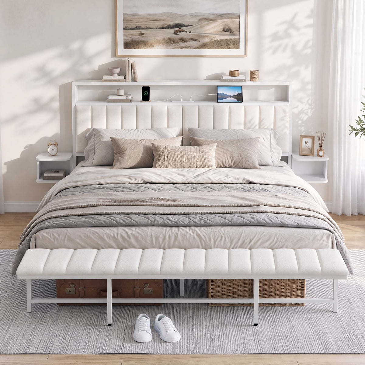 King Metal Bed Frame with Boucle Headboard, Charging Station & Side Tables - White - Furniture > Bedroom > Beds & Bed Frames - Rivercity House & Home Co. (ABN 18 642 972 209) - Affordable Modern Furniture Australia