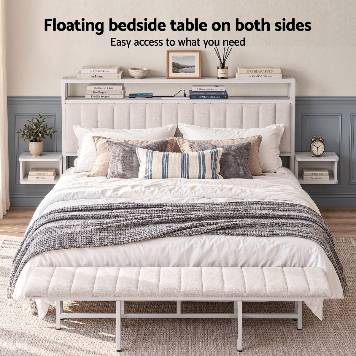 King Metal Bed Frame with Boucle Headboard, Charging Station & Side Tables - White - Furniture > Bedroom > Beds & Bed Frames - Rivercity House & Home Co. (ABN 18 642 972 209) - Affordable Modern Furniture Australia