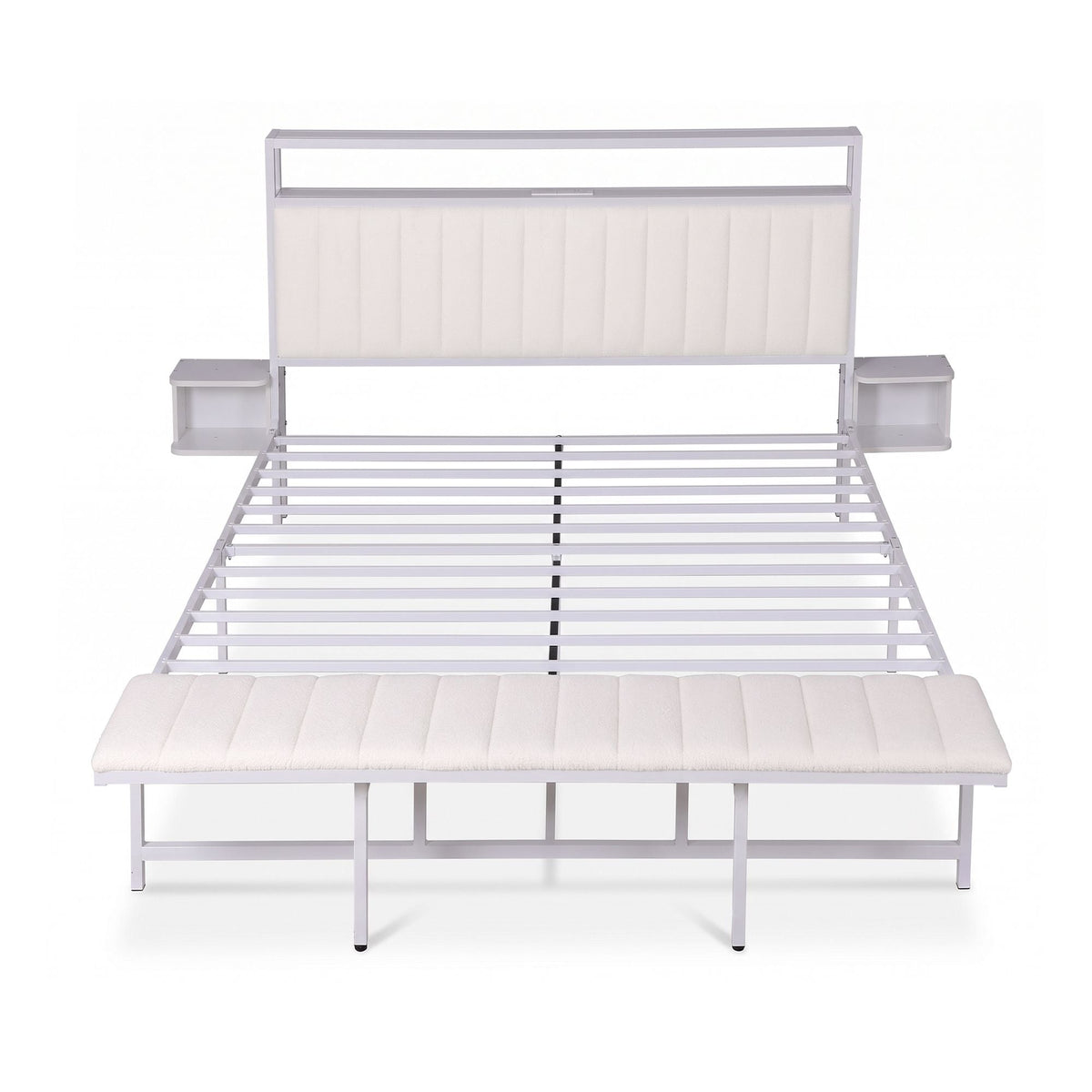 King Metal Bed Frame with Boucle Headboard, Charging Station & Side Tables - White - Furniture > Bedroom > Beds & Bed Frames - Rivercity House & Home Co. (ABN 18 642 972 209) - Affordable Modern Furniture Australia