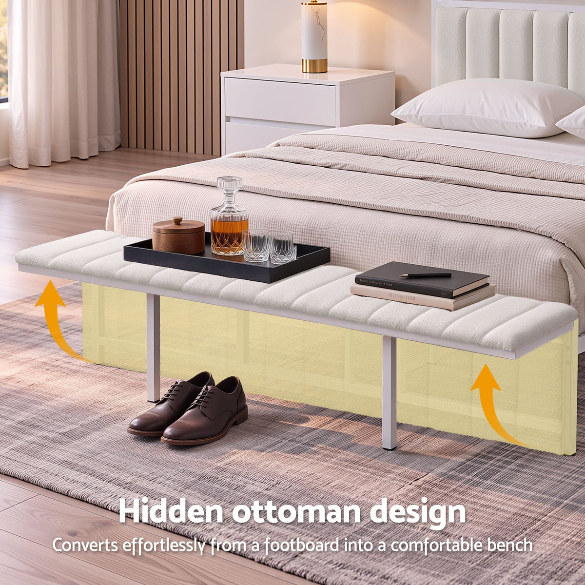 King Metal Bed Frame with Boucle Headboard, Charging Station & Side Tables - White - Furniture > Bedroom > Beds & Bed Frames - Rivercity House & Home Co. (ABN 18 642 972 209) - Affordable Modern Furniture Australia