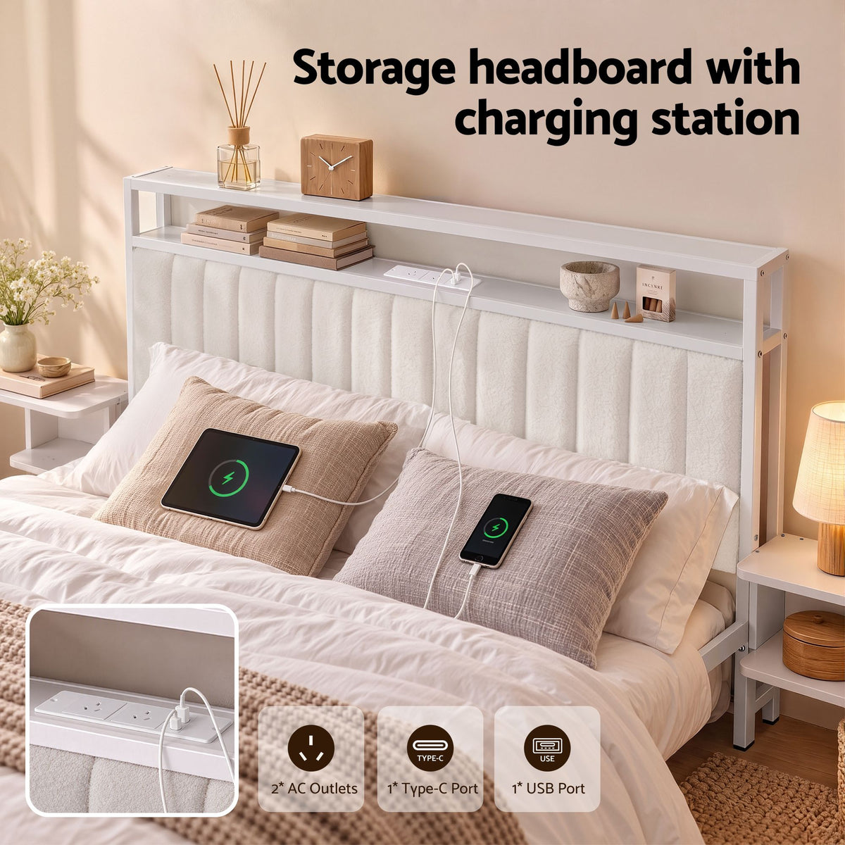 King Metal Bed Frame with Boucle Headboard, Charging Station & Side Tables - White - Furniture > Bedroom > Beds & Bed Frames - Rivercity House & Home Co. (ABN 18 642 972 209) - Affordable Modern Furniture Australia
