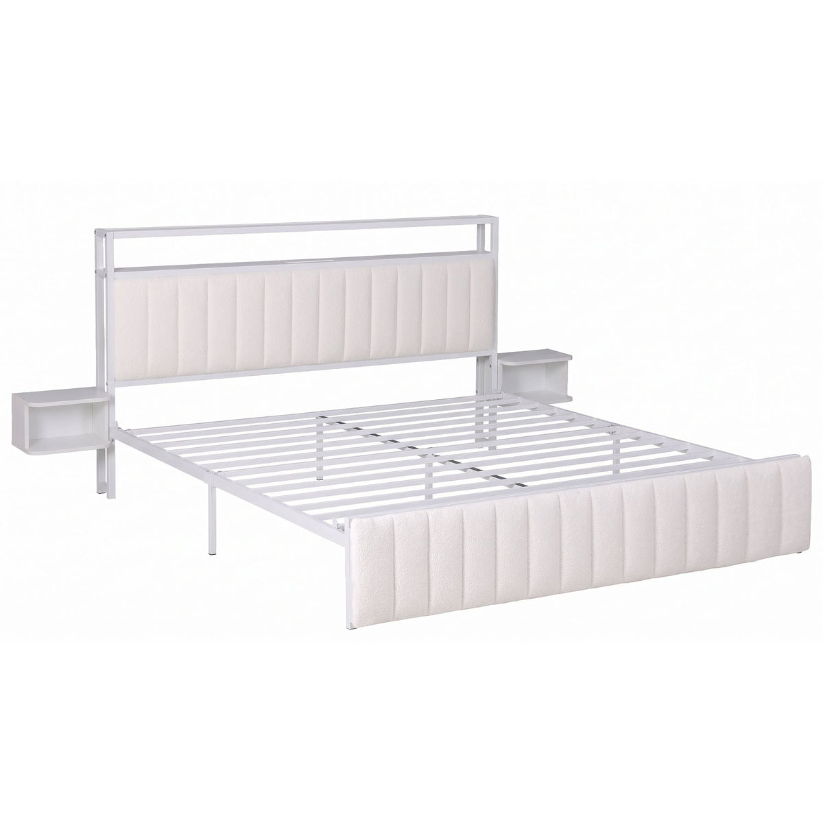 King Metal Bed Frame with Boucle Headboard, Charging Station & Side Tables - White - Furniture > Bedroom > Beds & Bed Frames - Rivercity House & Home Co. (ABN 18 642 972 209) - Affordable Modern Furniture Australia