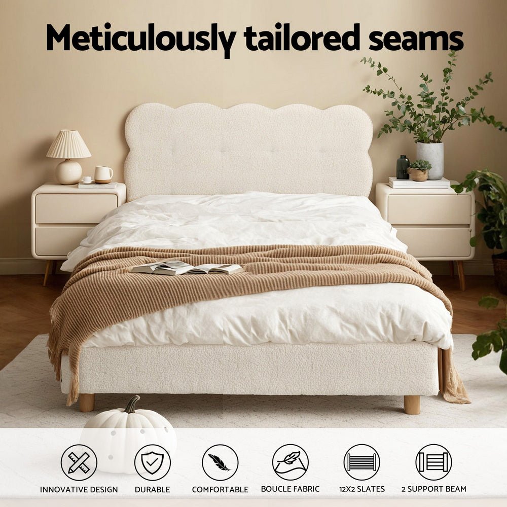 King Single Bed Frame Cloud Headboard Boucle Fabric Mattress Platform Base White - Furniture > Bedroom > Beds & Bed Frames - Rivercity House & Home Co. (ABN 18 642 972 209) - Affordable Modern Furniture Australia