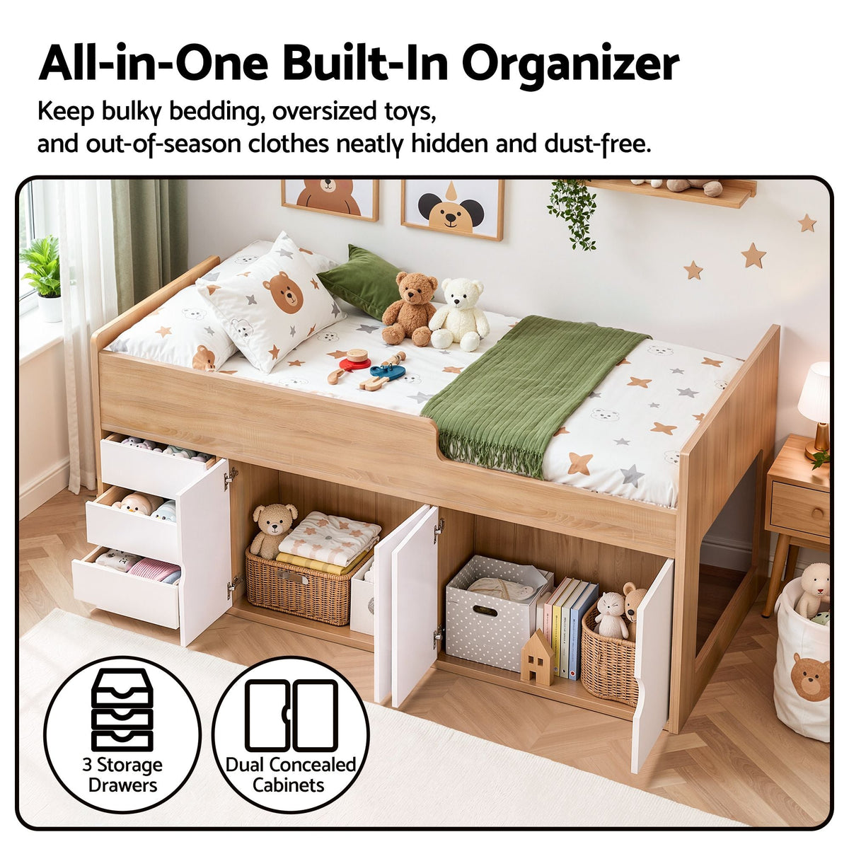 King Single Bed Frame with 3 Drawers, 2 Cabinets and Two-Step Access Storage - Furniture > Bedroom > Beds & Bed Frames - Rivercity House & Home Co. (ABN 18 642 972 209) - Affordable Modern Furniture Australia