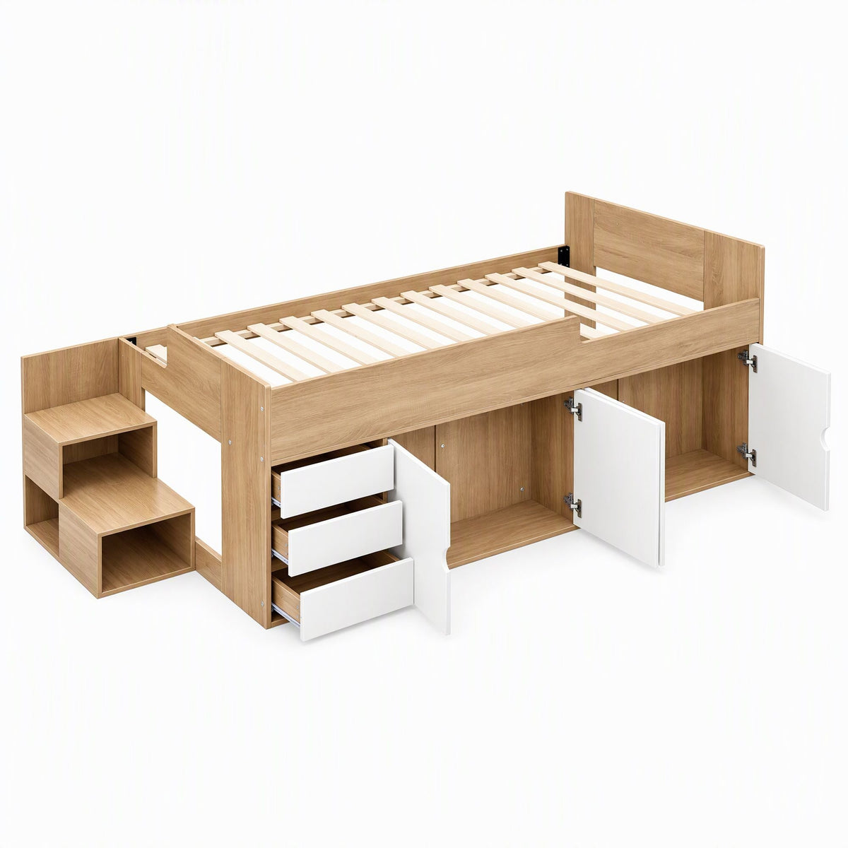 King Single Bed Frame with 3 Drawers, 2 Cabinets and Two-Step Access Storage - Furniture > Bedroom > Beds & Bed Frames - Rivercity House & Home Co. (ABN 18 642 972 209) - Affordable Modern Furniture Australia