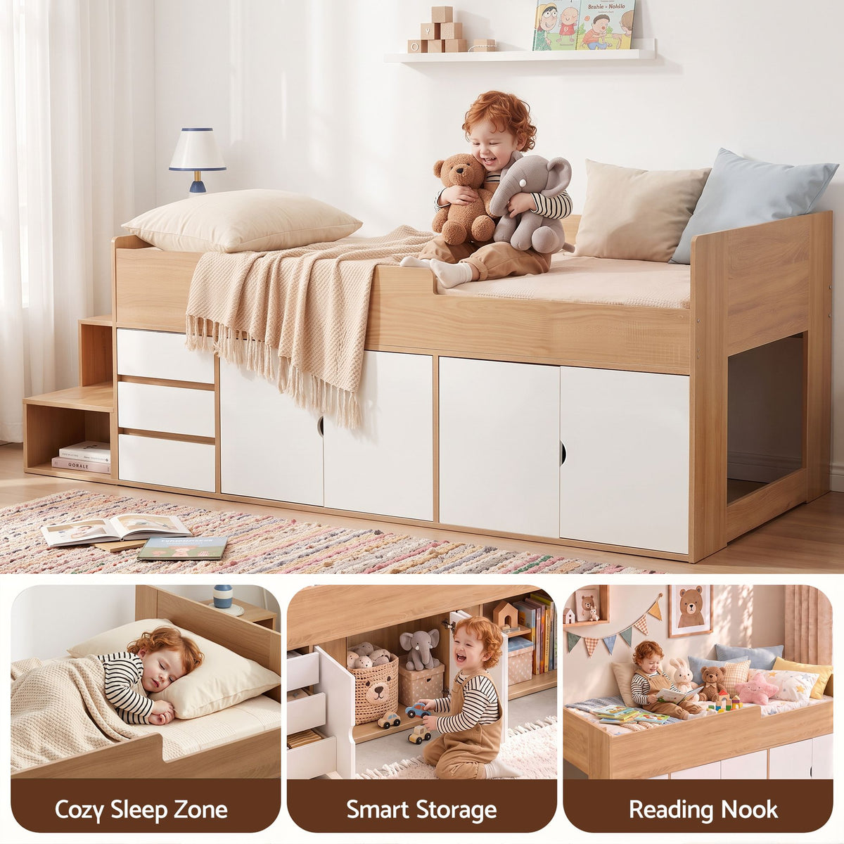 King Single Bed Frame with 3 Drawers, 2 Cabinets and Two-Step Access Storage - Furniture > Bedroom > Beds & Bed Frames - Rivercity House & Home Co. (ABN 18 642 972 209) - Affordable Modern Furniture Australia