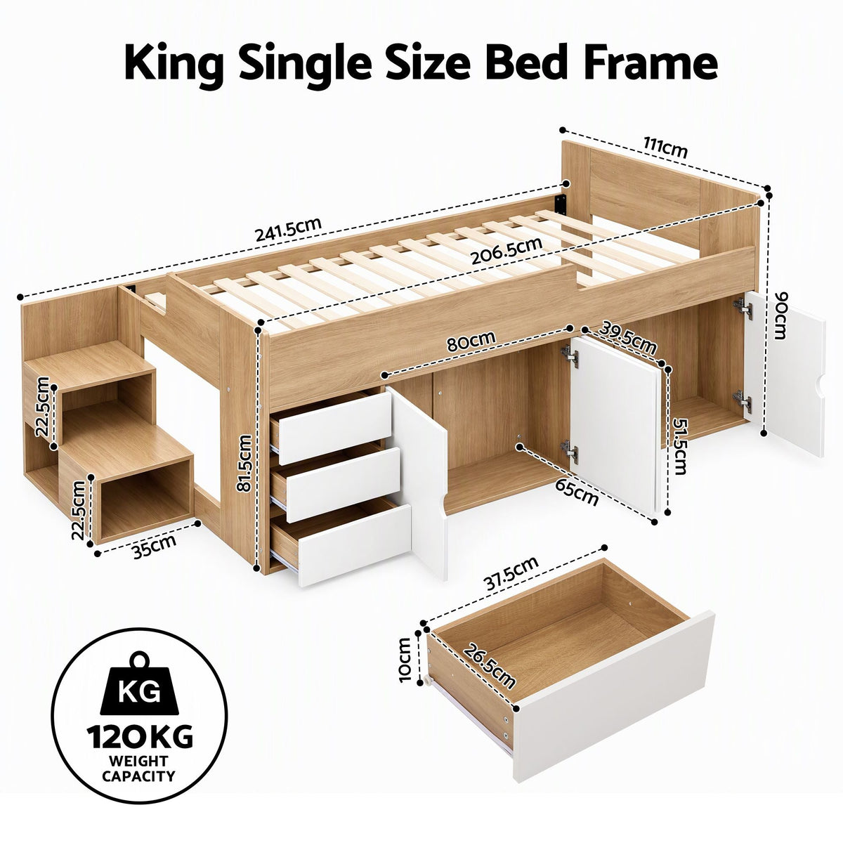 King Single Bed Frame with 3 Drawers, 2 Cabinets and Two-Step Access Storage - Furniture > Bedroom > Beds & Bed Frames - Rivercity House & Home Co. (ABN 18 642 972 209) - Affordable Modern Furniture Australia