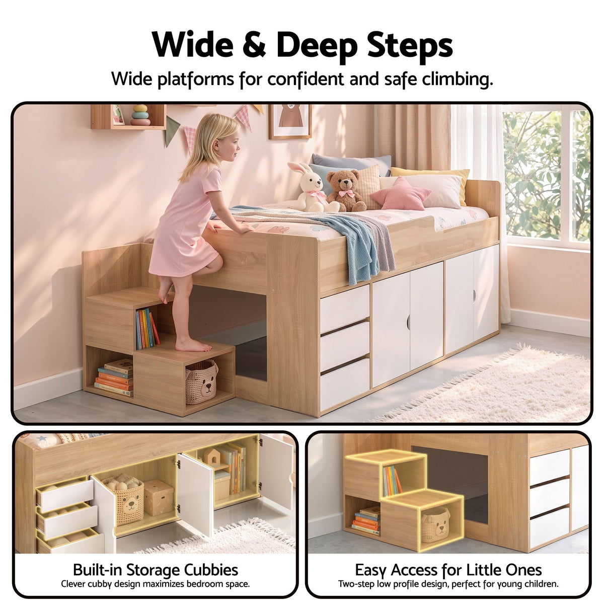King Single Bed Frame with 3 Drawers, 2 Cabinets and Two-Step Access Storage - Furniture > Bedroom > Beds & Bed Frames - Rivercity House & Home Co. (ABN 18 642 972 209) - Affordable Modern Furniture Australia