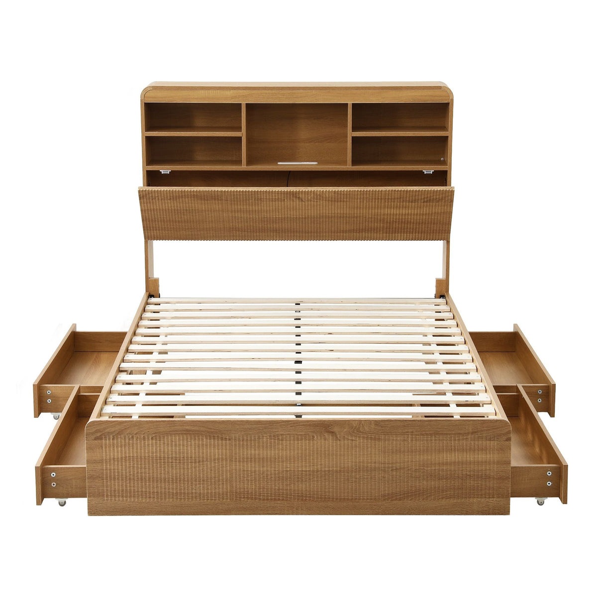 King Single Bed Frame with 4 Storage Drawers, USB Ports & Night Light - Natural - Furniture > Bedroom > Beds & Bed Frames - Rivercity House & Home Co. (ABN 18 642 972 209) - Affordable Modern Furniture Australia
