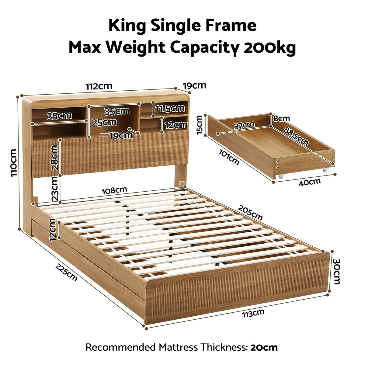 King Single Bed Frame with 4 Storage Drawers, USB Ports & Night Light - Natural - Furniture > Bedroom > Beds & Bed Frames - Rivercity House & Home Co. (ABN 18 642 972 209) - Affordable Modern Furniture Australia