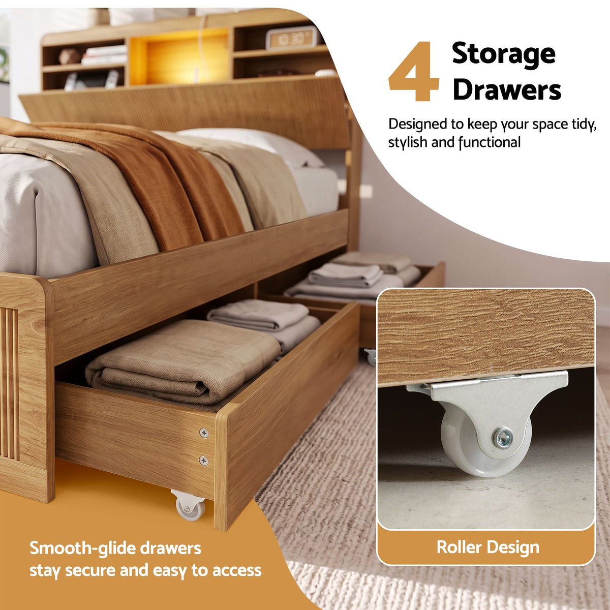 King Single Bed Frame with 4 Storage Drawers, USB Ports & Night Light - Natural - Furniture > Bedroom > Beds & Bed Frames - Rivercity House & Home Co. (ABN 18 642 972 209) - Affordable Modern Furniture Australia