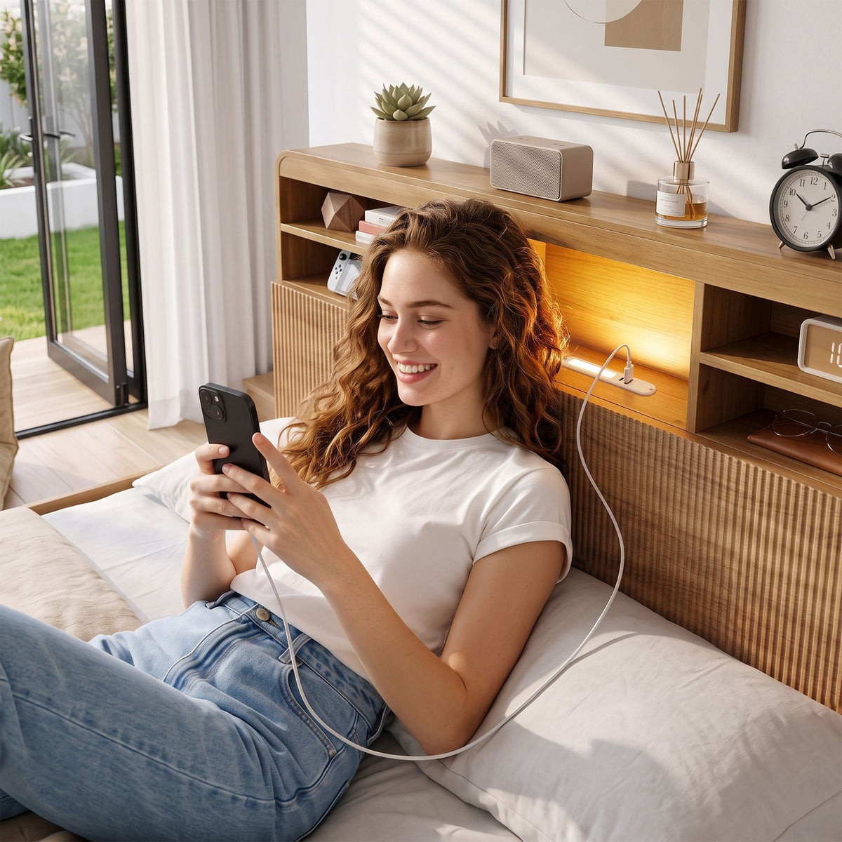 King Single Bed Frame with 4 Storage Drawers, USB Ports & Night Light - Natural - Furniture > Bedroom > Beds & Bed Frames - Rivercity House & Home Co. (ABN 18 642 972 209) - Affordable Modern Furniture Australia