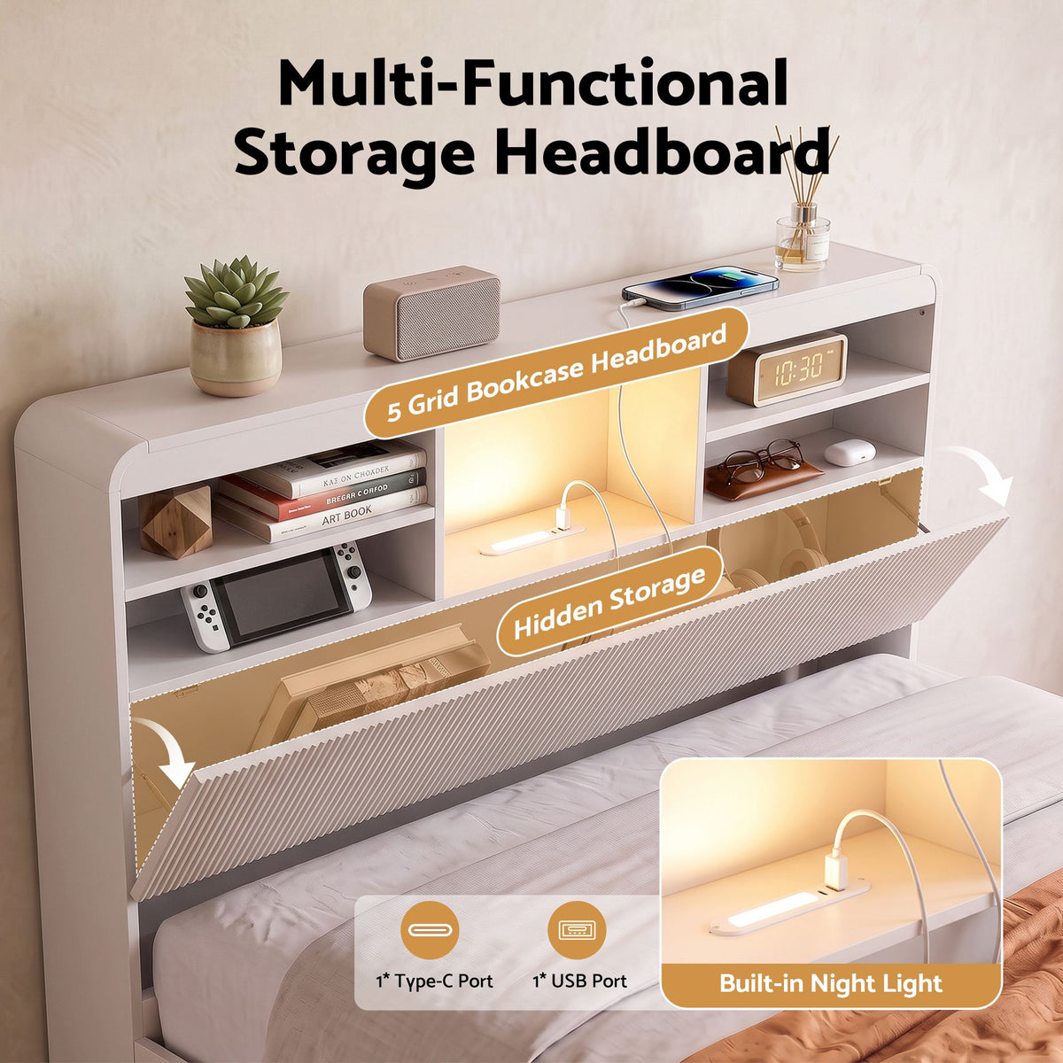 King Single Bed Frame with 4 Storage Drawers, USB Ports & Night Light - White - Furniture > Bedroom > Beds & Bed Frames - Rivercity House & Home Co. (ABN 18 642 972 209) - Affordable Modern Furniture Australia
