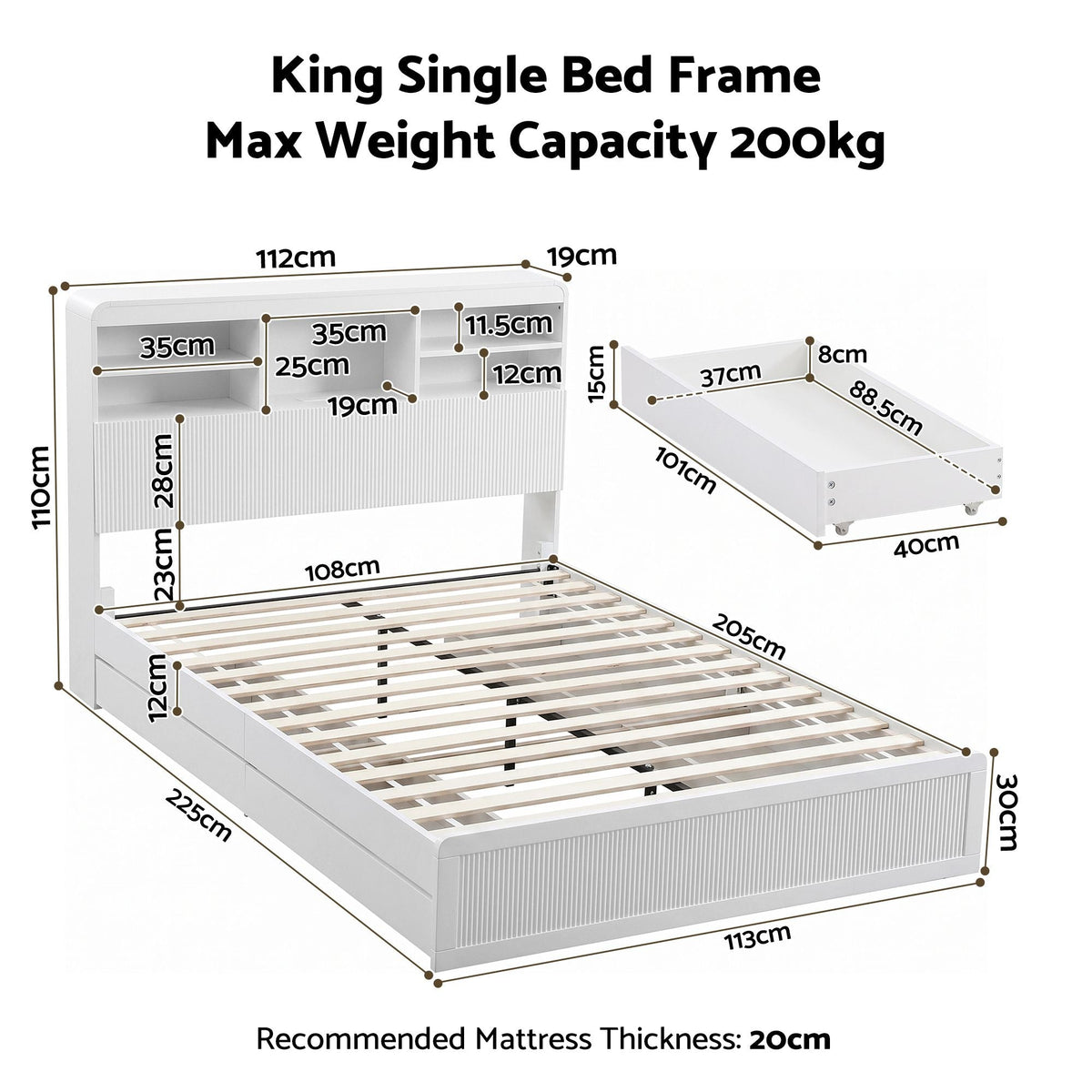 King Single Bed Frame with 4 Storage Drawers, USB Ports & Night Light - White - Furniture > Bedroom > Beds & Bed Frames - Rivercity House & Home Co. (ABN 18 642 972 209) - Affordable Modern Furniture Australia