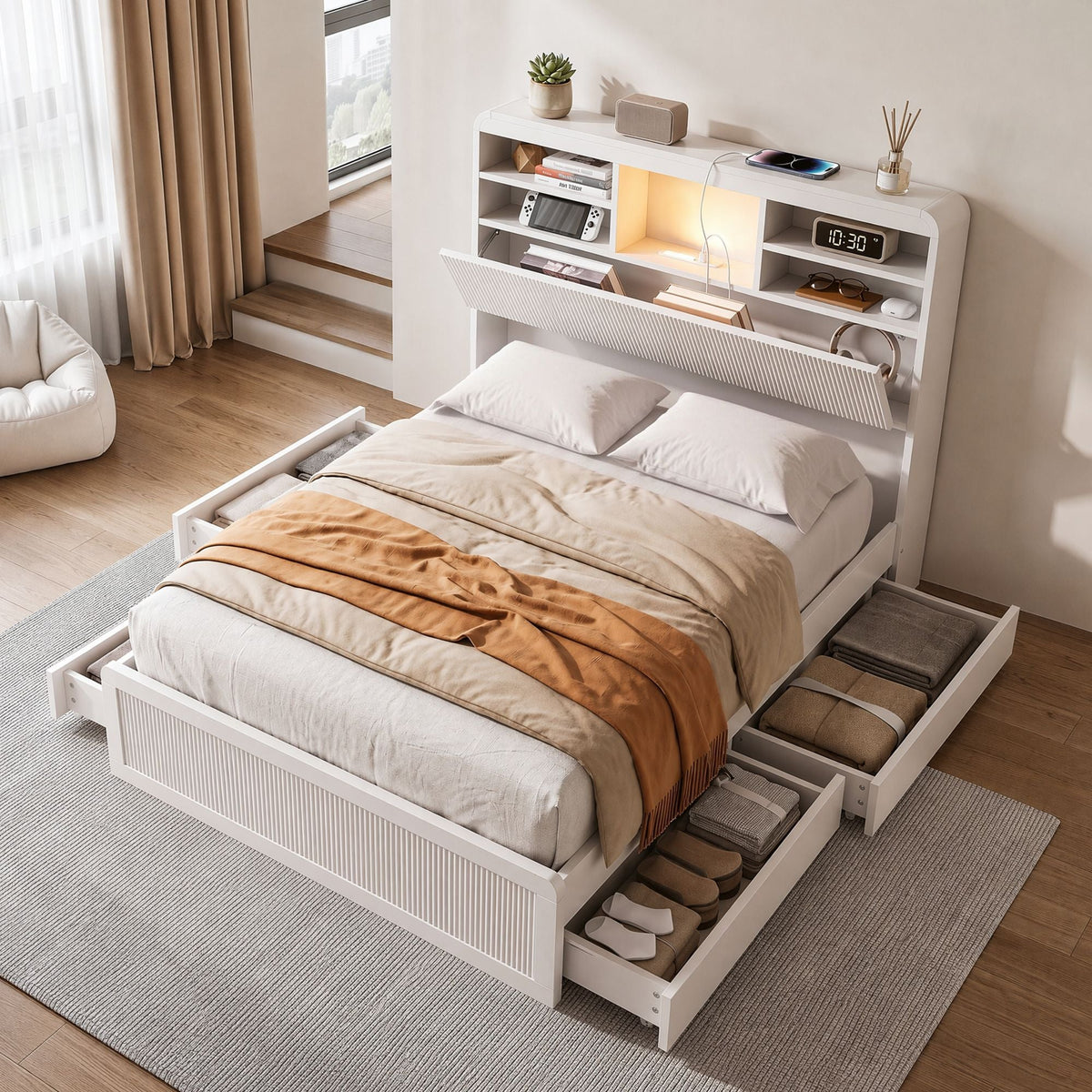 King Single Bed Frame with 4 Storage Drawers, USB Ports & Night Light - White - Furniture > Bedroom > Beds & Bed Frames - Rivercity House & Home Co. (ABN 18 642 972 209) - Affordable Modern Furniture Australia