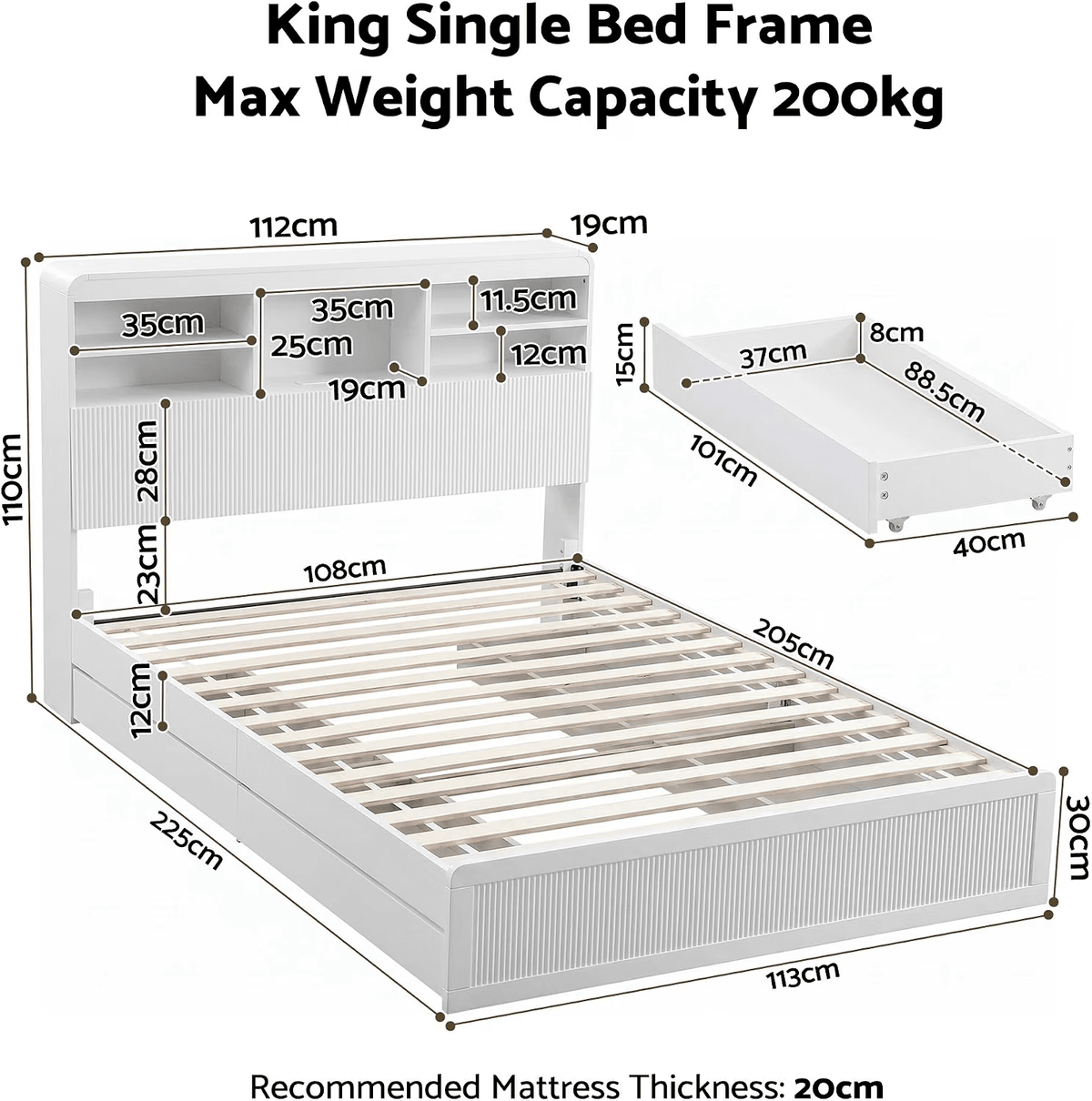 King Single Bed Frame with Bookcase Headboard, Storage Drawers & 2 Bedside Tables - Furniture > Bedroom > Beds & Bed Frames - Rivercity House & Home Co. (ABN 18 642 972 209) - Affordable Modern Furniture Australia