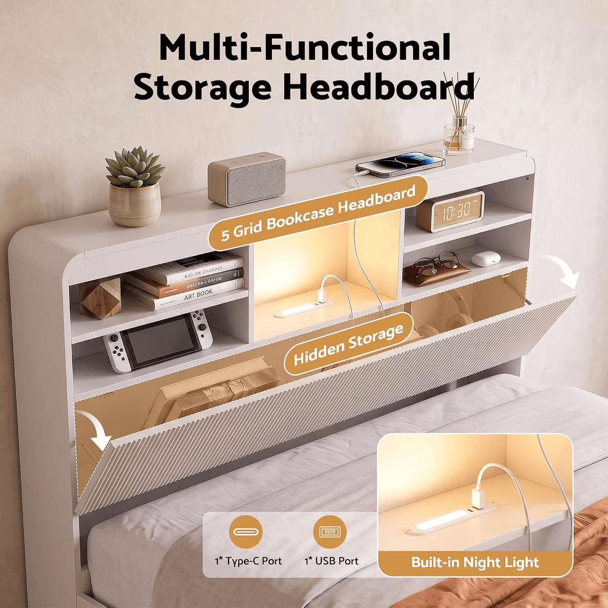 King Single Bed Frame with Bookcase Headboard, Storage Drawers & 2 Bedside Tables - Furniture > Bedroom > Beds & Bed Frames - Rivercity House & Home Co. (ABN 18 642 972 209) - Affordable Modern Furniture Australia