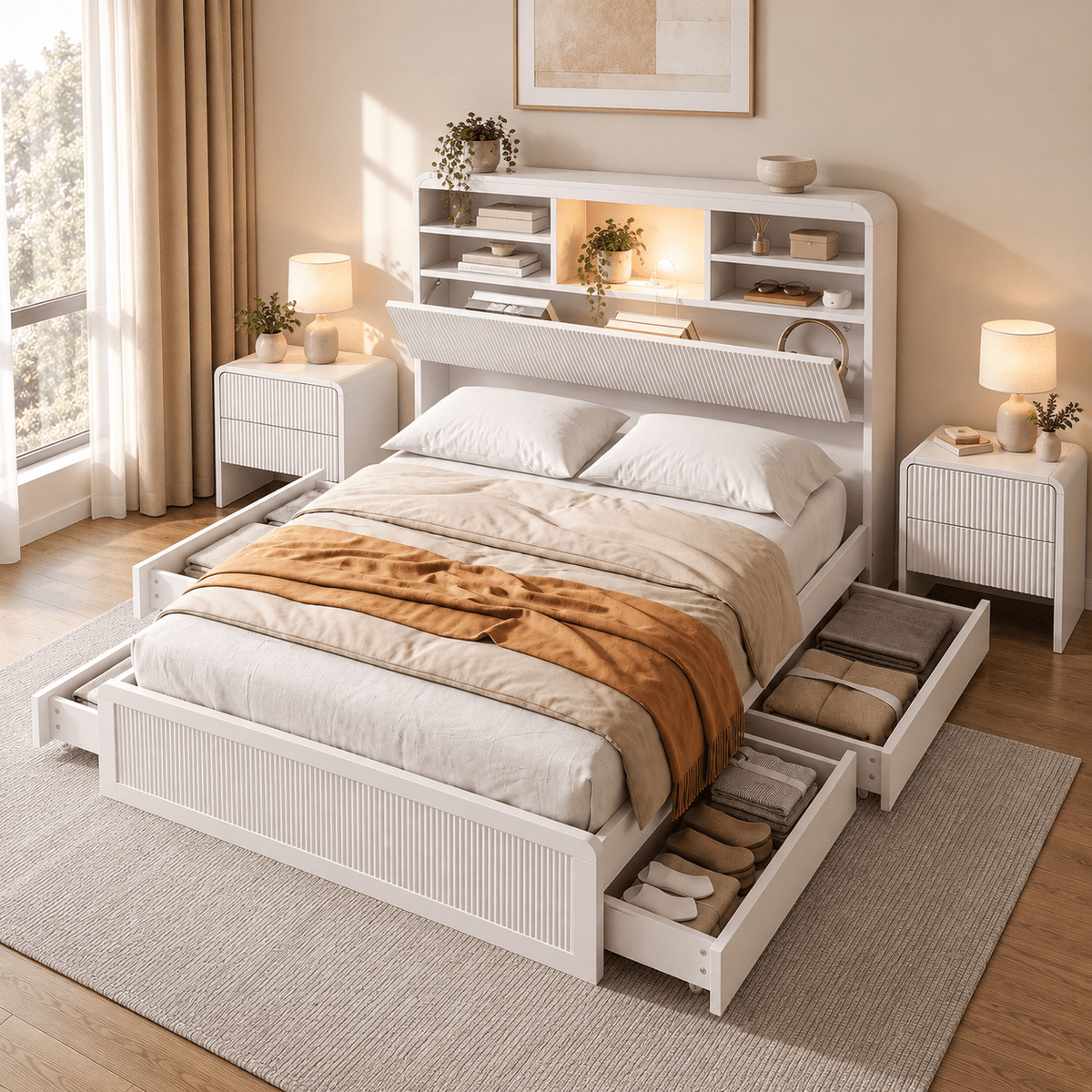 King Single Bed Frame with Bookcase Headboard, Storage Drawers & 2 Bedside Tables - Furniture > Bedroom > Beds & Bed Frames - Rivercity House & Home Co. (ABN 18 642 972 209) - Affordable Modern Furniture Australia