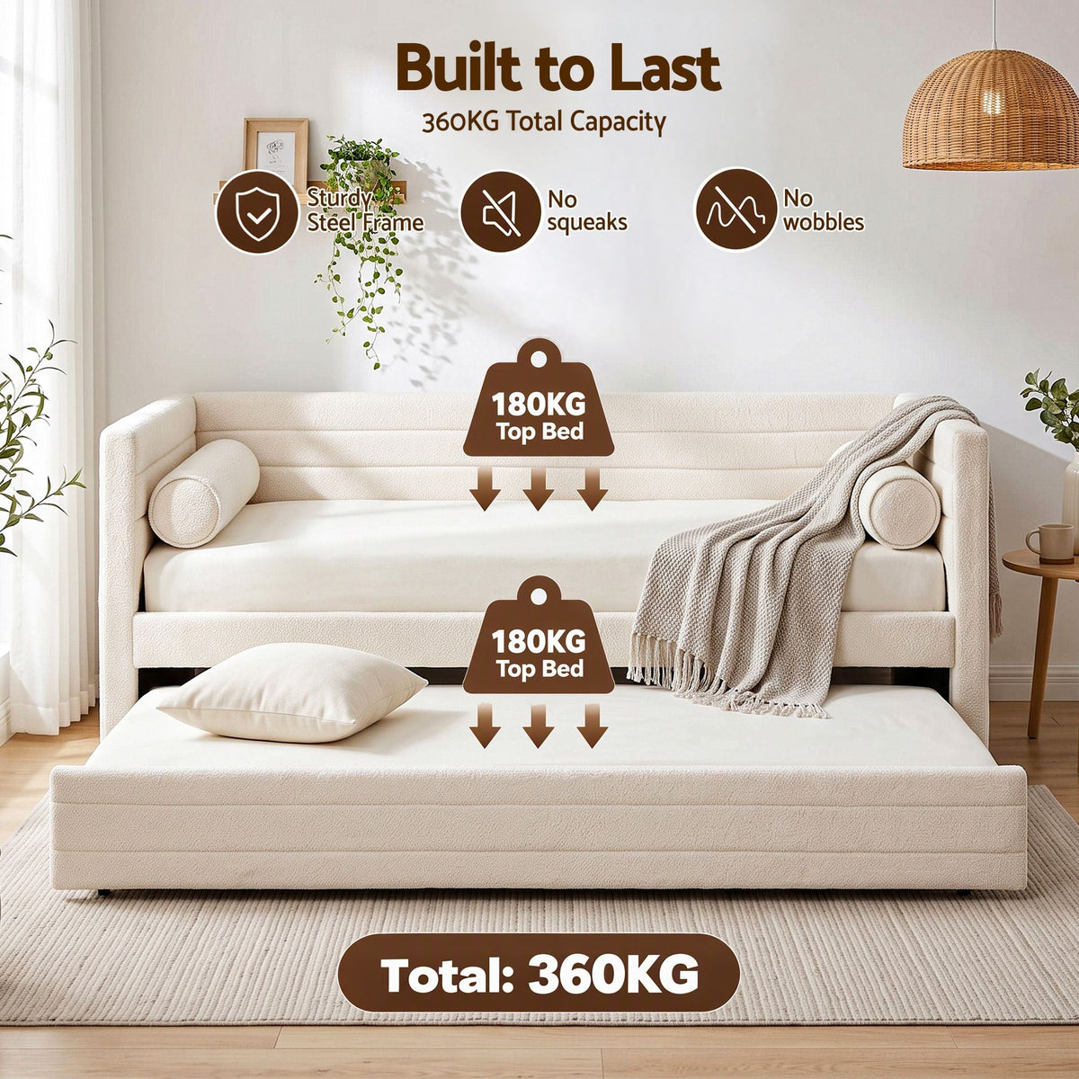 King Single Daybed with Trundle Bouclé Upholstered Frame - Furniture > Bedroom > Beds & Bed Frames - Rivercity House & Home Co. (ABN 18 642 972 209) - Affordable Modern Furniture Australia
