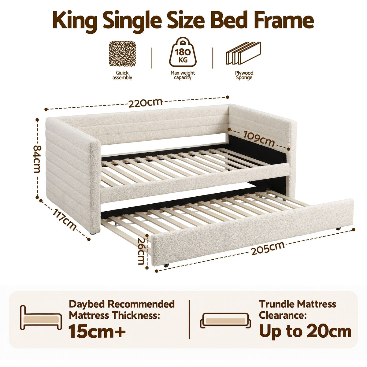 King Single Daybed with Trundle Bouclé Upholstered Frame - Furniture > Bedroom > Beds & Bed Frames - Rivercity House & Home Co. (ABN 18 642 972 209) - Affordable Modern Furniture Australia