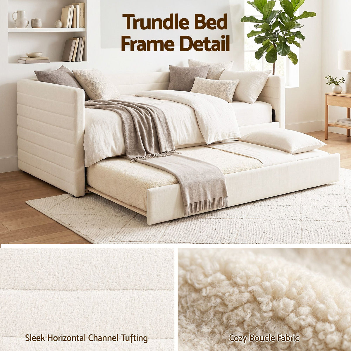 King Single Daybed with Trundle Bouclé Upholstered Frame - Furniture > Bedroom > Beds & Bed Frames - Rivercity House & Home Co. (ABN 18 642 972 209) - Affordable Modern Furniture Australia