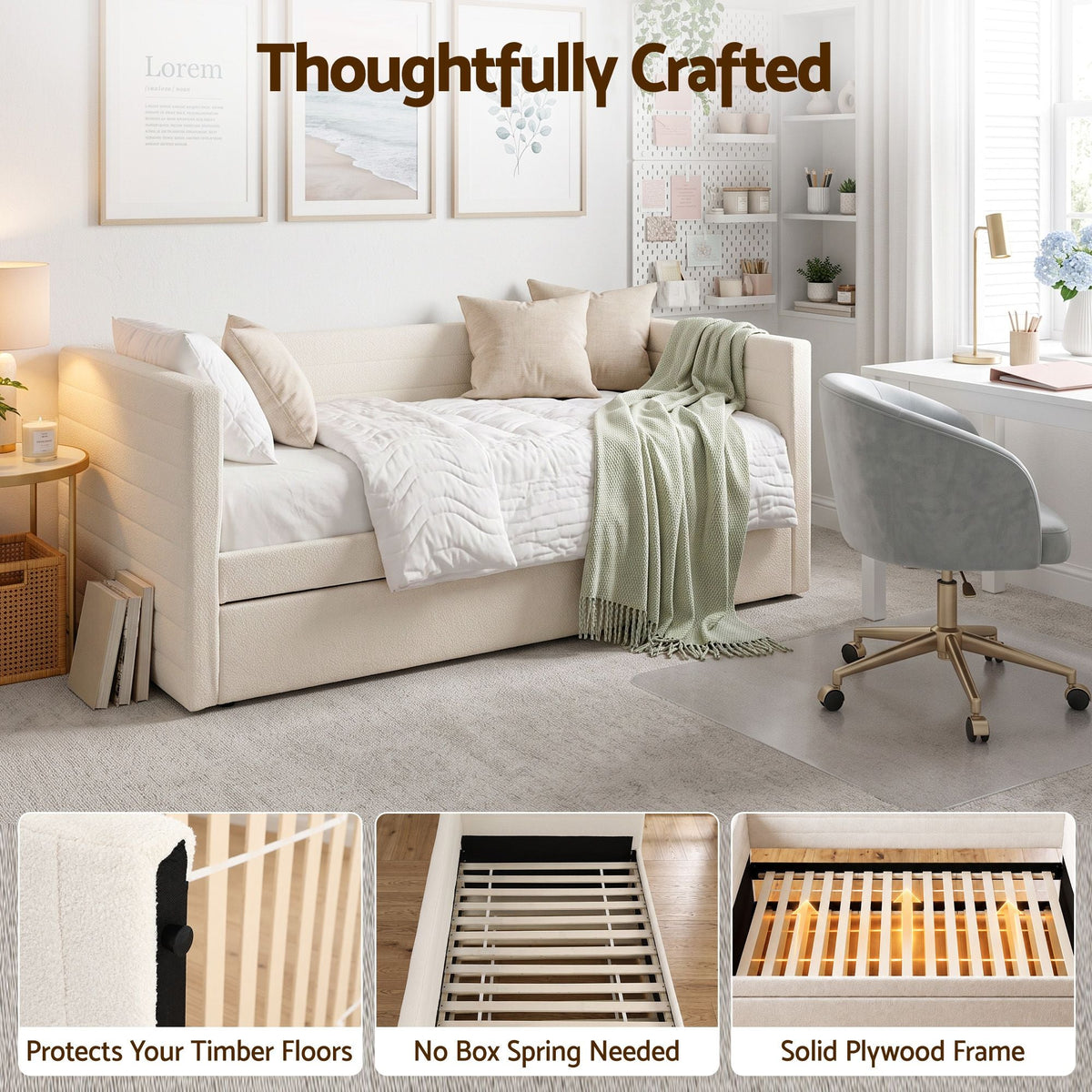 King Single Daybed with Trundle Bouclé Upholstered Frame - Furniture > Bedroom > Beds & Bed Frames - Rivercity House & Home Co. (ABN 18 642 972 209) - Affordable Modern Furniture Australia