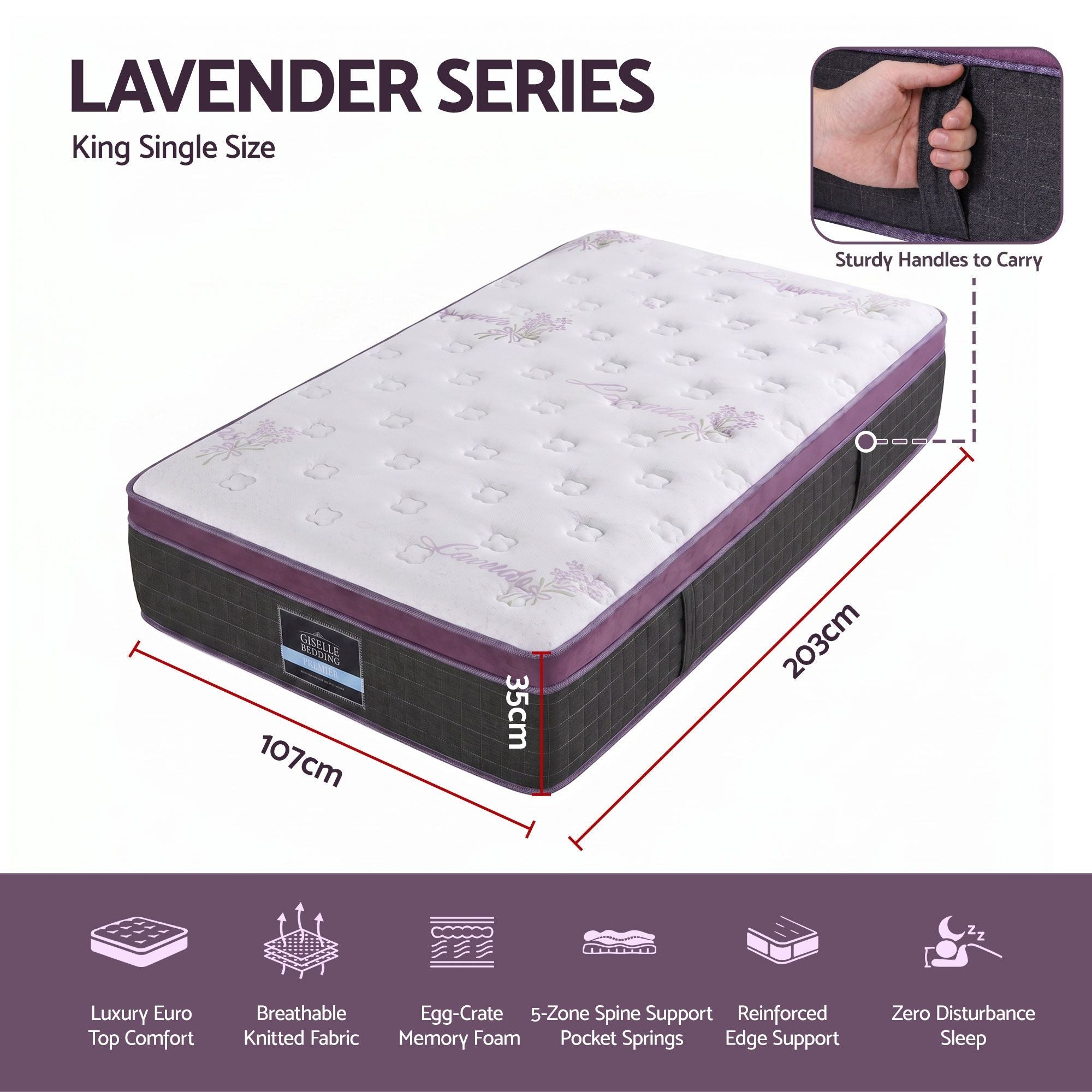 King Single Euro Top Firm Pocket Spring Mattress with Edge Support - Purple & Black - Furniture > Mattresses > King Single Mattress - Rivercity House & Home Co. (ABN 18 642 972 209) - Affordable Modern Furniture Australia