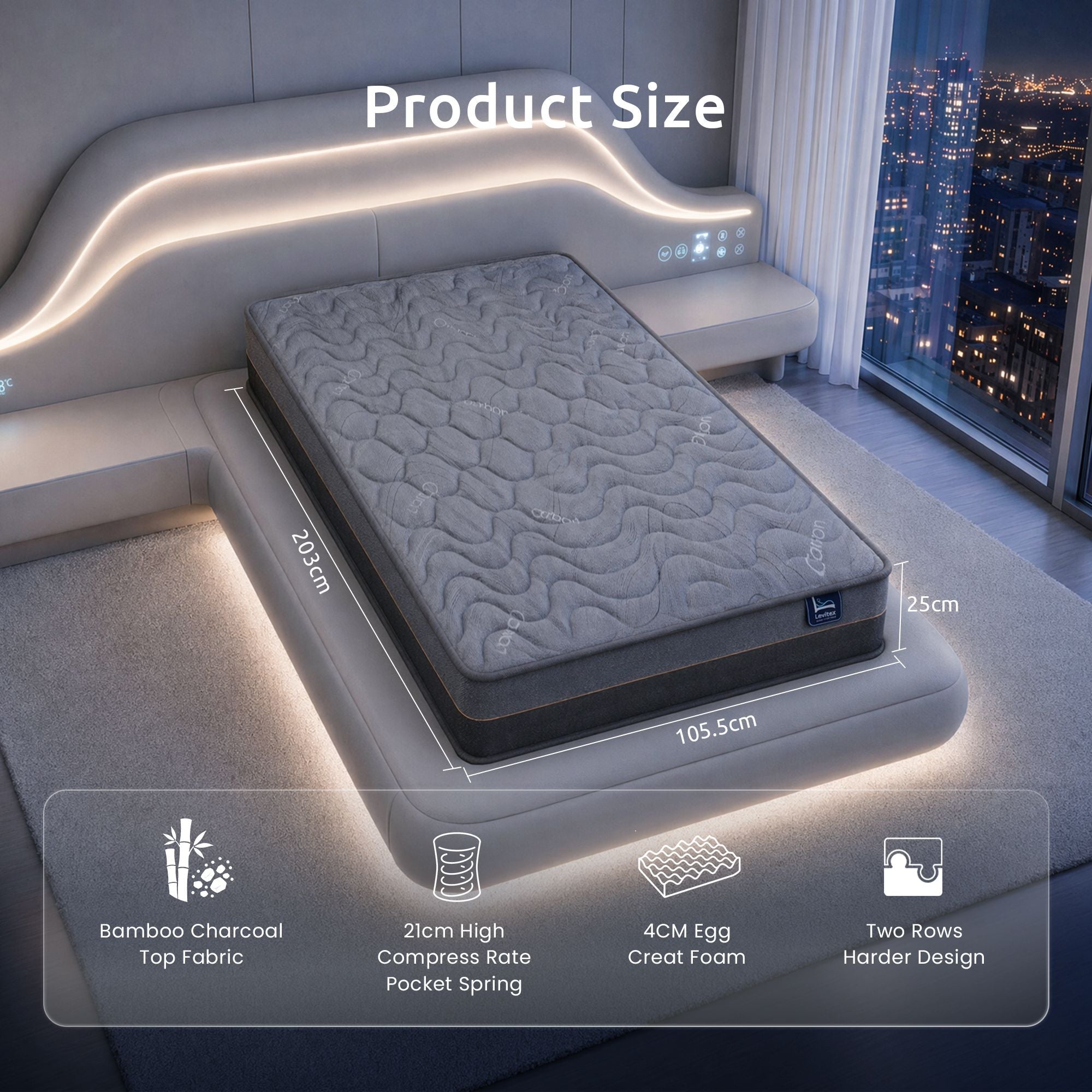 King Single Mattress 25 cm Hybrid Pocket Spring with 4cm Egg Crate Foam for Deep Sleep Bamboo Charcoal Fabric - Furniture > Mattresses > King Single Mattress - Rivercity House & Home Co. (ABN 18 642 972 209) - Affordable Modern Furniture Australia