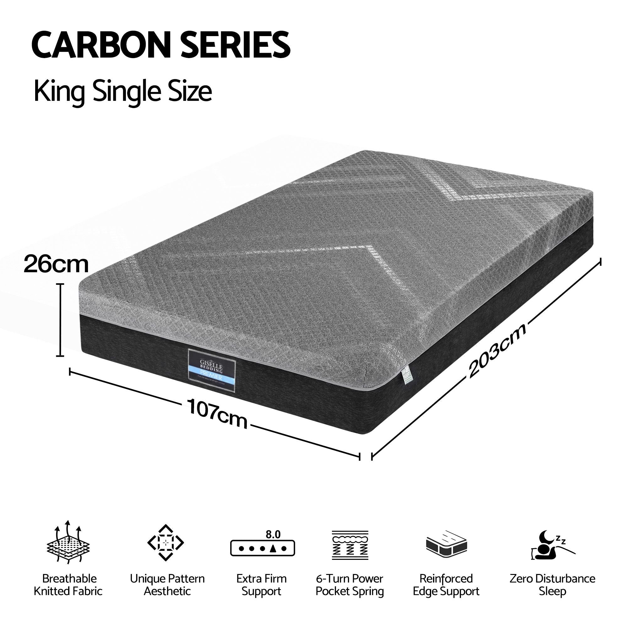 King Single Mattress 26cm Firm Pocket Spring with Dual Edge Support - Dark Grey - Furniture > Mattresses > King Single Mattress - Rivercity House & Home Co. (ABN 18 642 972 209) - Affordable Modern Furniture Australia