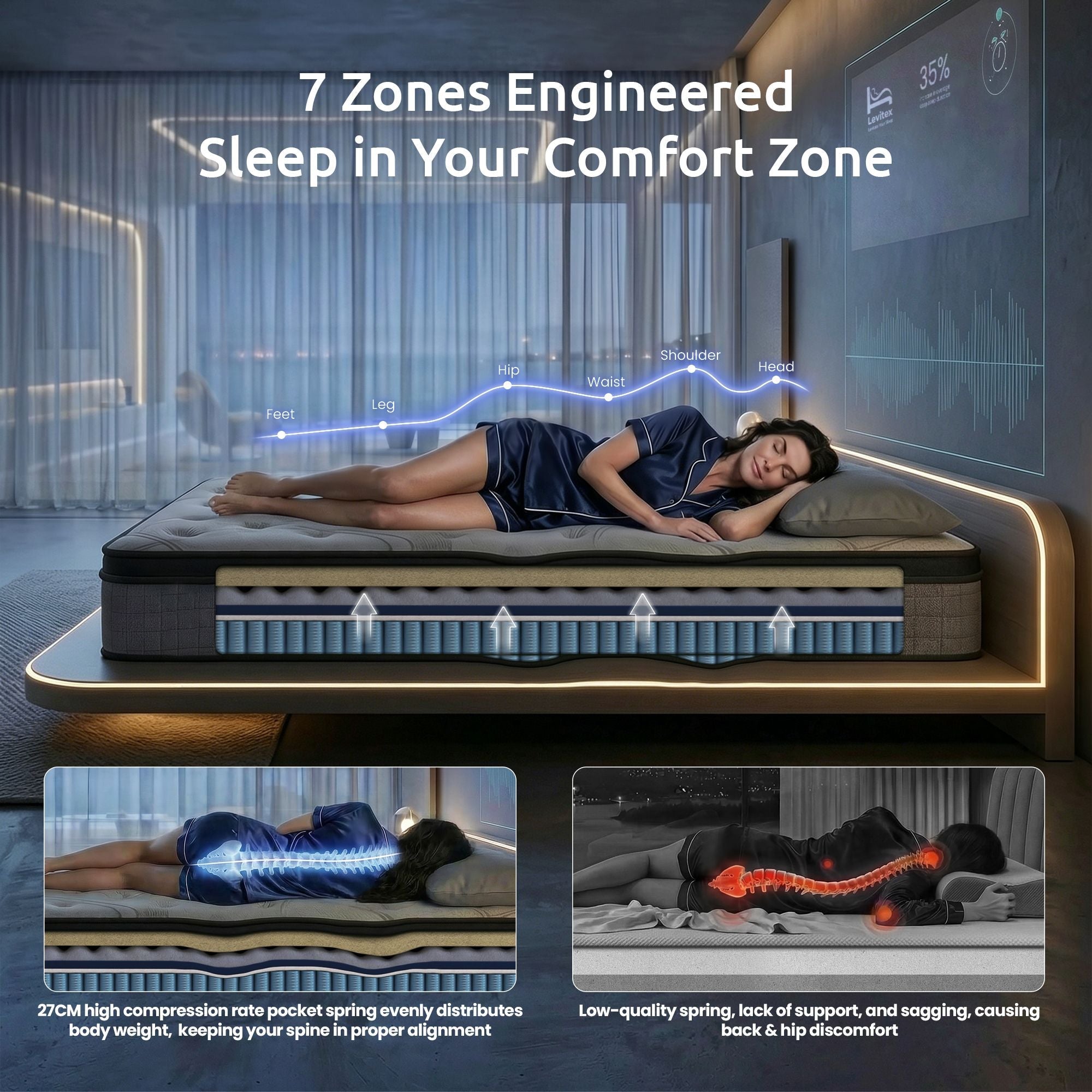 King Single Mattress 33 cm 7 - Zone Pocket Spring 8.0 Extra Firm with Dual - Row Edge Support & Breathable Knit Cover - Furniture > Mattresses > King Single Mattress - Rivercity House & Home Co. (ABN 18 642 972 209) - Affordable Modern Furniture Australia