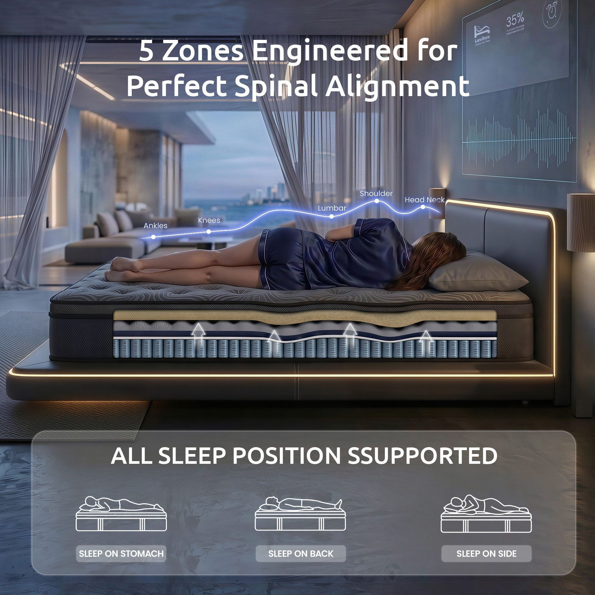 King Single Mattress 34 cm 5 - Zone Pressure Relief Pocket Spring with Reinforced Edge Support & Breathable Gel Memory Foam Hybrid Mattress - Furniture > Mattresses > King Single Mattress - Rivercity House & Home Co. (ABN 18 642 972 209) - Affordable Modern Furniture Australia