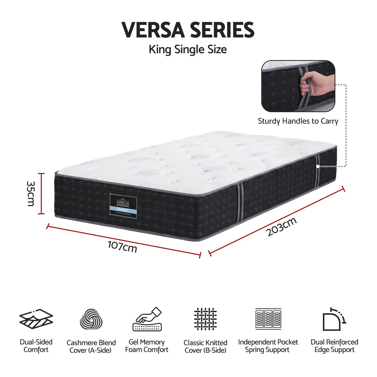 King Single Reversible Spring Mattress with Cashmere Cover and Gel Foam 35cm - White/Charcoal - Furniture > Mattresses > King Single Mattress - Rivercity House & Home Co. (ABN 18 642 972 209) - Affordable Modern Furniture Australia