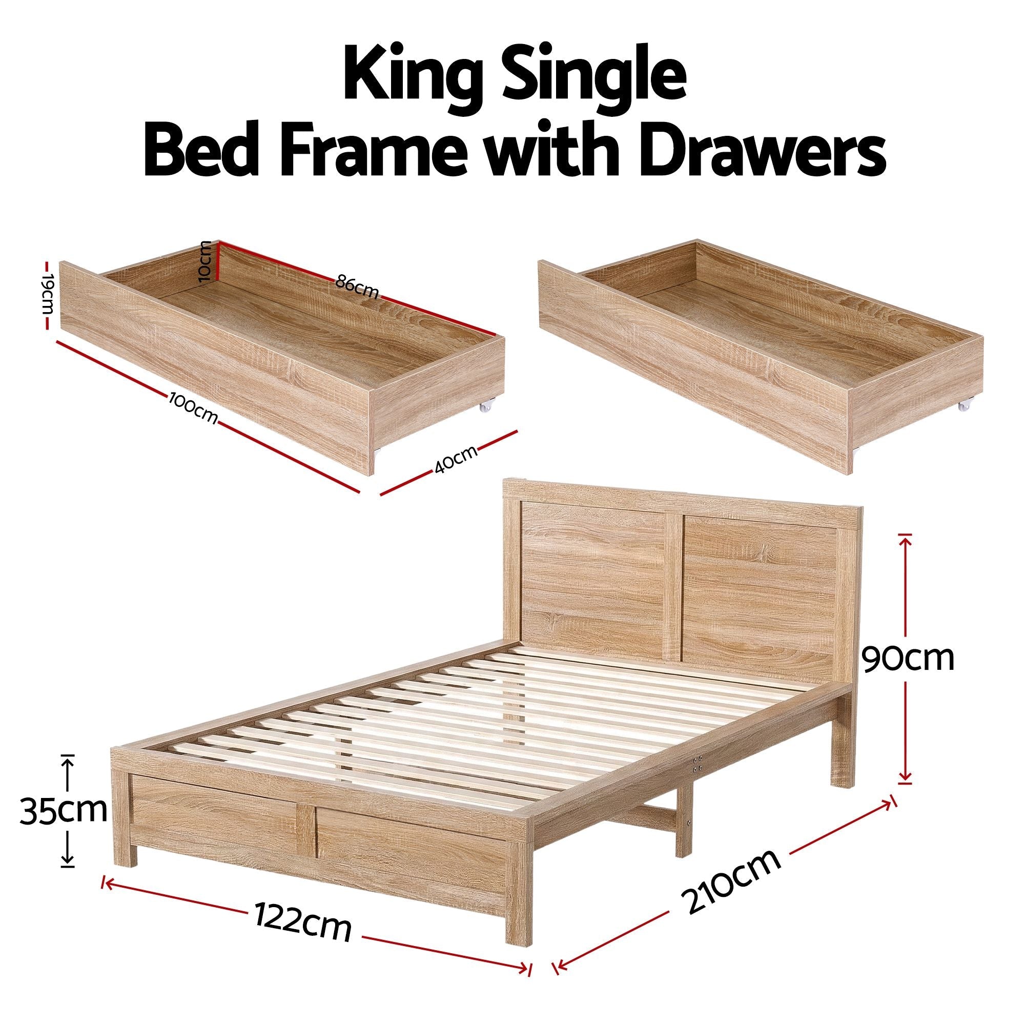 King Single Size Bed Frame with 2 Drawers Bedroom Furniture - Furniture > Bedroom > Beds & Bed Frames - Rivercity House & Home Co. (ABN 18 642 972 209) - Affordable Modern Furniture Australia