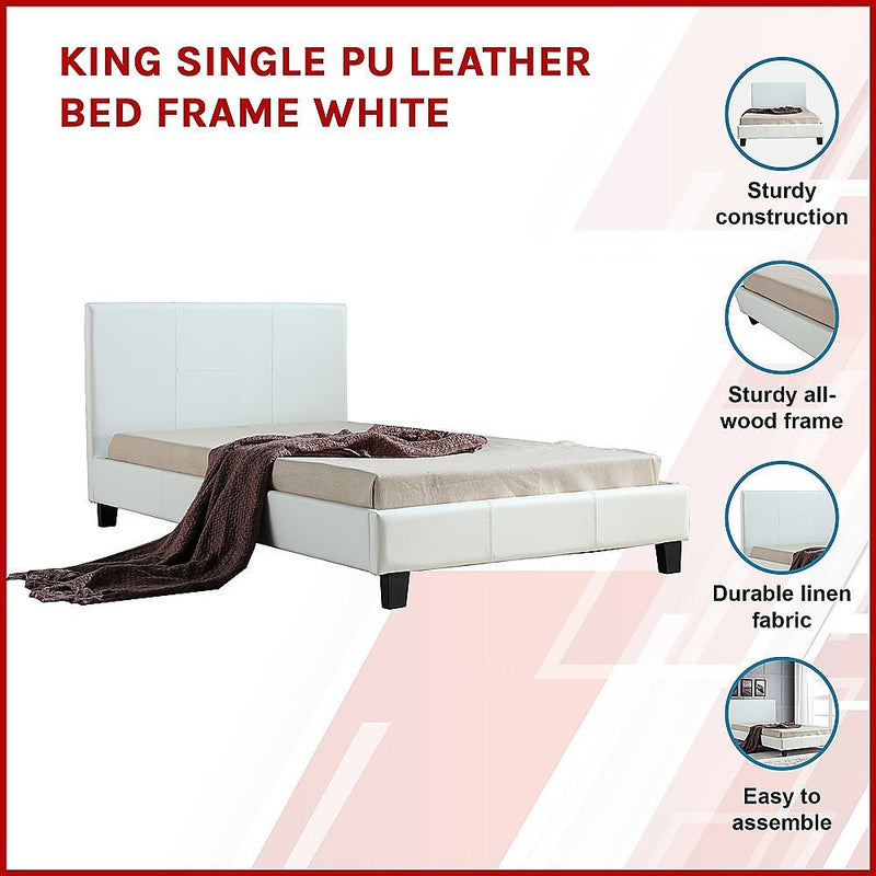 King Single Size | PU Leather Bed Frame (White) - Rivercity House & Home Co. (ABN 18 642 972 209) - Affordable Modern Furniture Australia