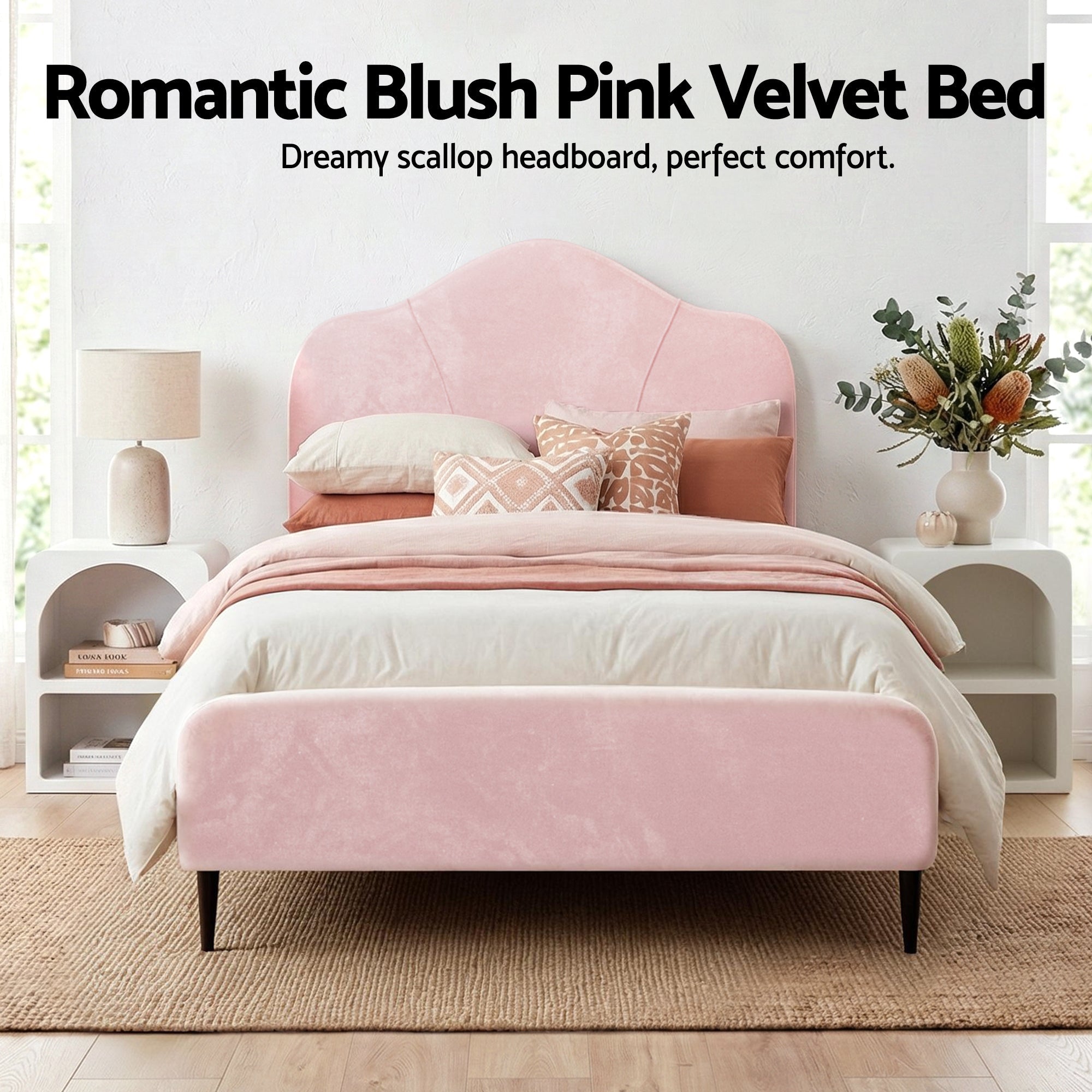 King Single Storage Bed Frame Velvet with Bedside Table Pink - Furniture > Bedroom > Beds & Bed Frames - Rivercity House & Home Co. (ABN 18 642 972 209) - Affordable Modern Furniture Australia