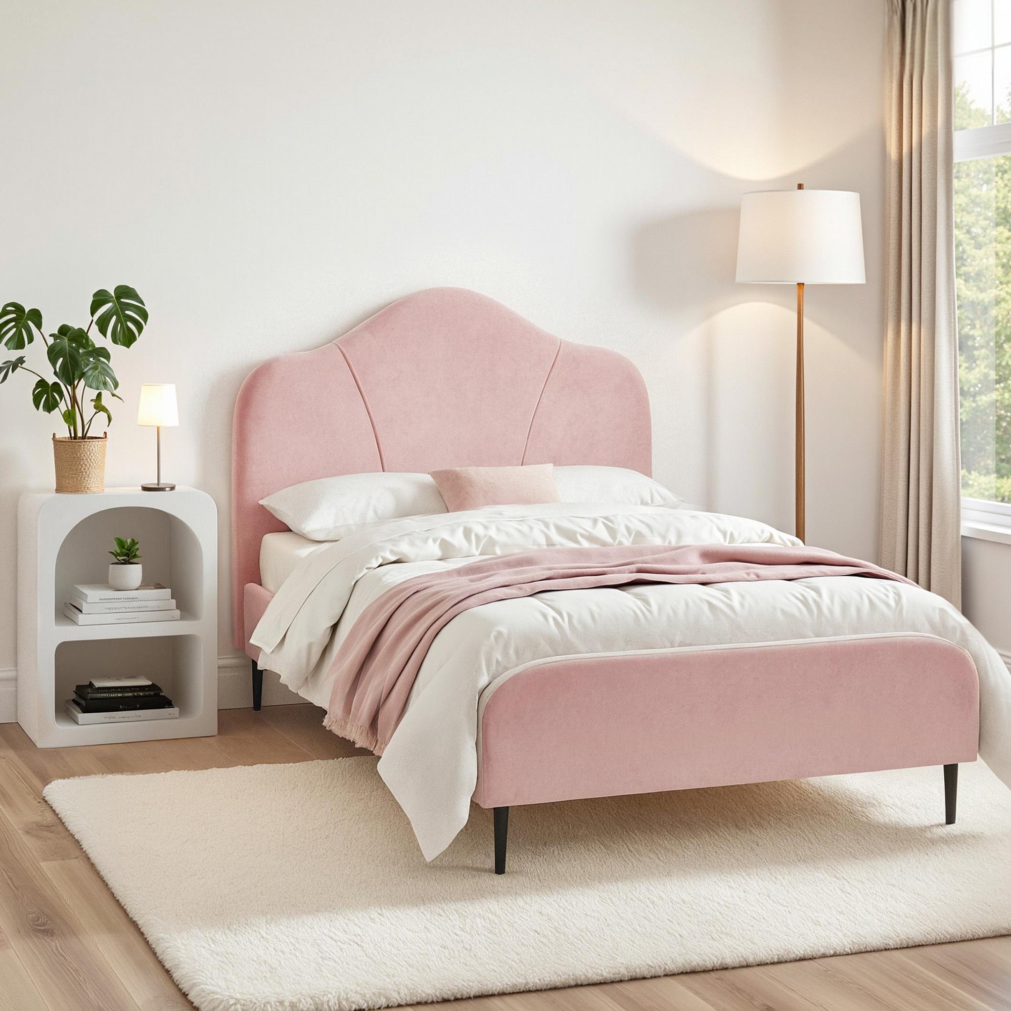 King Single Storage Bed Frame Velvet with Bedside Table Pink - Furniture > Bedroom > Beds & Bed Frames - Rivercity House & Home Co. (ABN 18 642 972 209) - Affordable Modern Furniture Australia