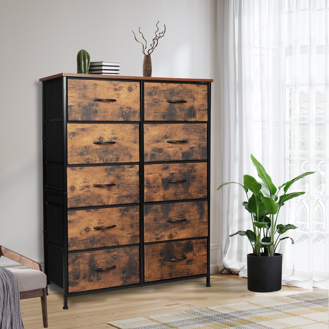 King Single Storage Cabinet Tower Chest with 10 Fabric Drawers - Brown - Rivercity House & Home Co. (ABN 18 642 972 209) - Affordable Modern Furniture Australia