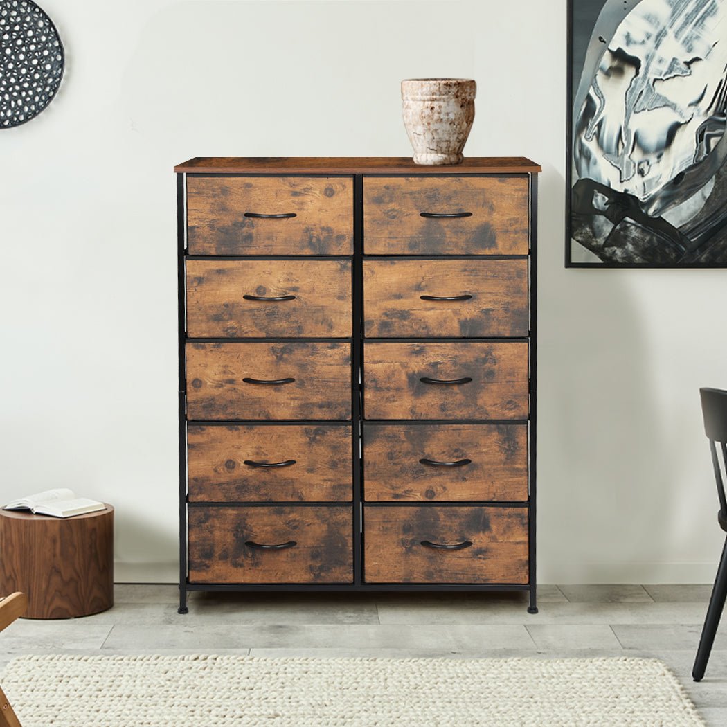 King Single Storage Cabinet Tower Chest with 10 Fabric Drawers - Brown - Rivercity House & Home Co. (ABN 18 642 972 209) - Affordable Modern Furniture Australia