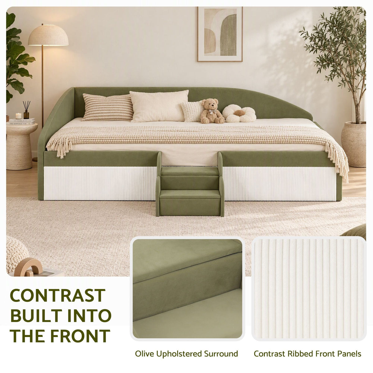 King Single Upholstered Daybed Sofa Bed with Centre Stairs - Olive - Furniture > Bedroom > Beds & Bed Frames - Rivercity House & Home Co. (ABN 18 642 972 209) - Affordable Modern Furniture Australia