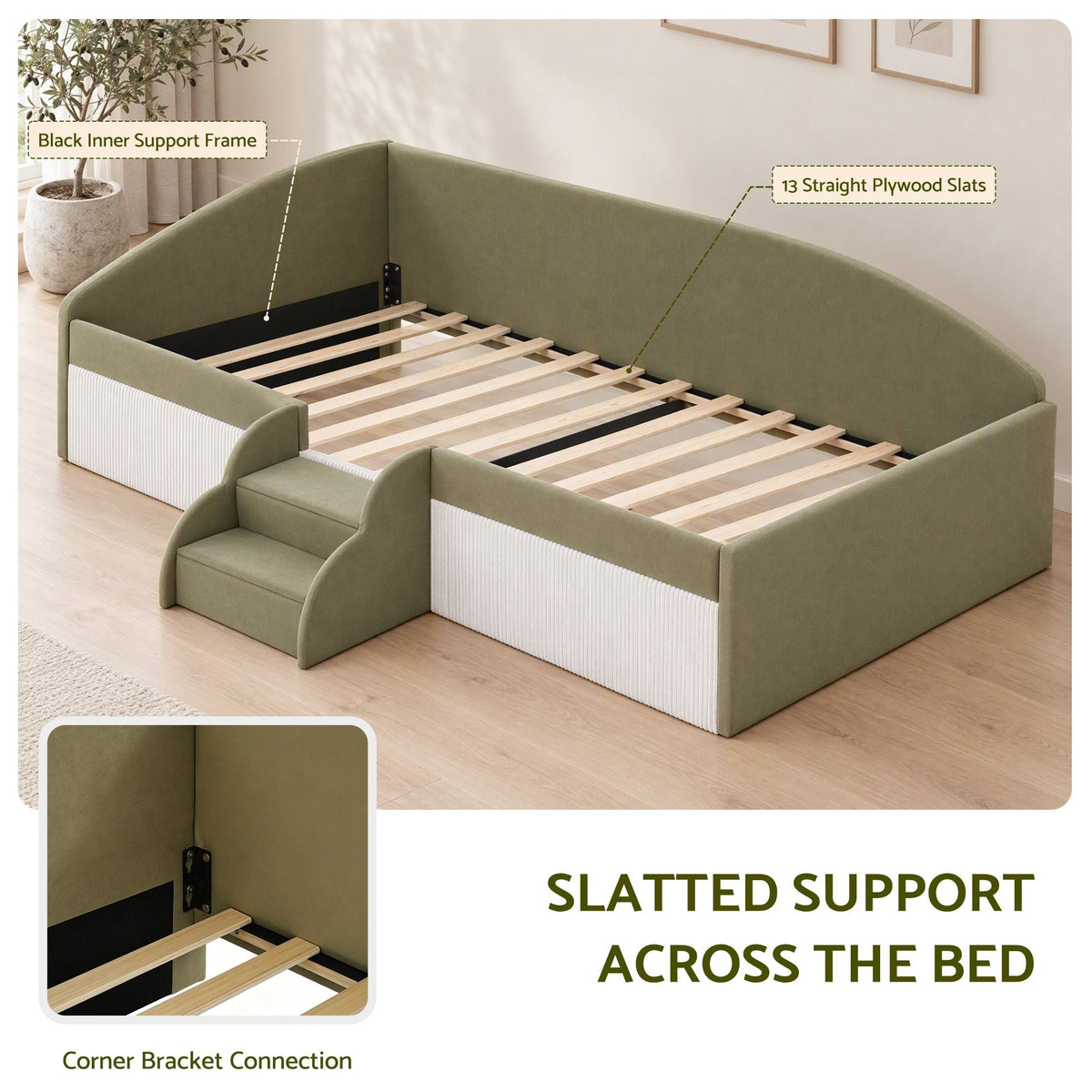 King Single Upholstered Daybed Sofa Bed with Centre Stairs - Olive - Furniture > Bedroom > Beds & Bed Frames - Rivercity House & Home Co. (ABN 18 642 972 209) - Affordable Modern Furniture Australia