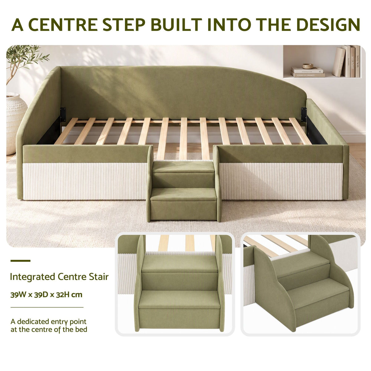 King Single Upholstered Daybed Sofa Bed with Centre Stairs - Olive - Furniture > Bedroom > Beds & Bed Frames - Rivercity House & Home Co. (ABN 18 642 972 209) - Affordable Modern Furniture Australia