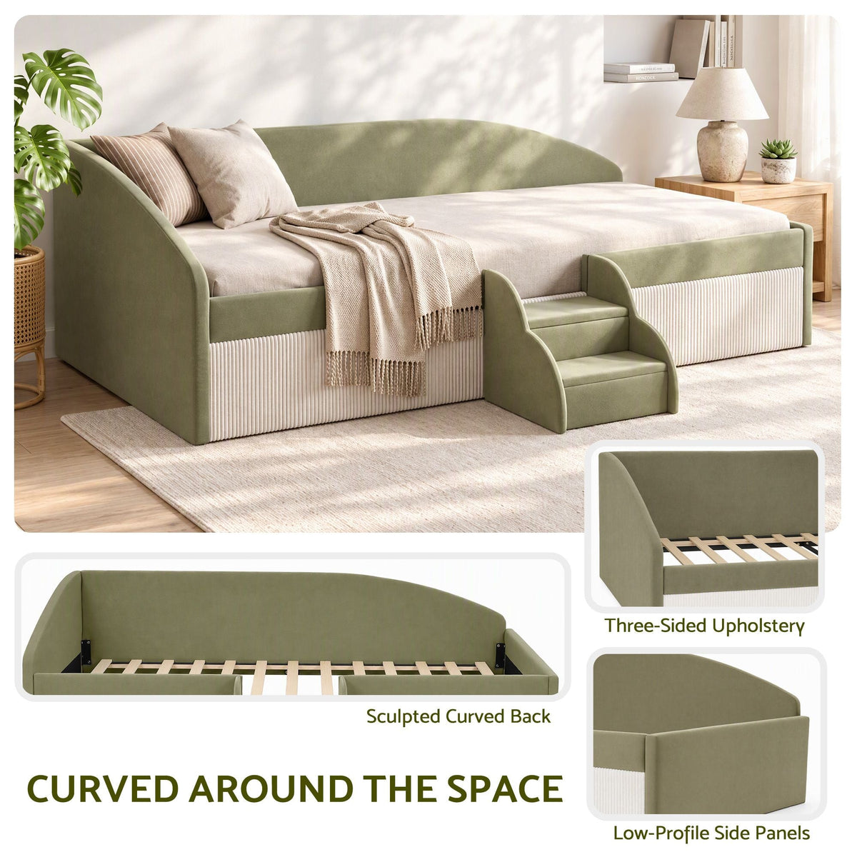 King Single Upholstered Daybed Sofa Bed with Centre Stairs - Olive - Furniture > Bedroom > Beds & Bed Frames - Rivercity House & Home Co. (ABN 18 642 972 209) - Affordable Modern Furniture Australia