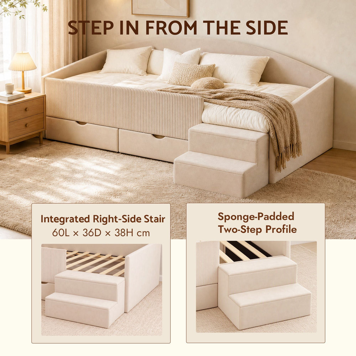 King Single Upholstered Daybed with Stairs and Storage Drawers - Beige - Furniture > Bedroom > Beds & Bed Frames - Rivercity House & Home Co. (ABN 18 642 972 209) - Affordable Modern Furniture Australia