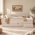 King Single Upholstered Daybed with Stairs and Storage Drawers - Beige