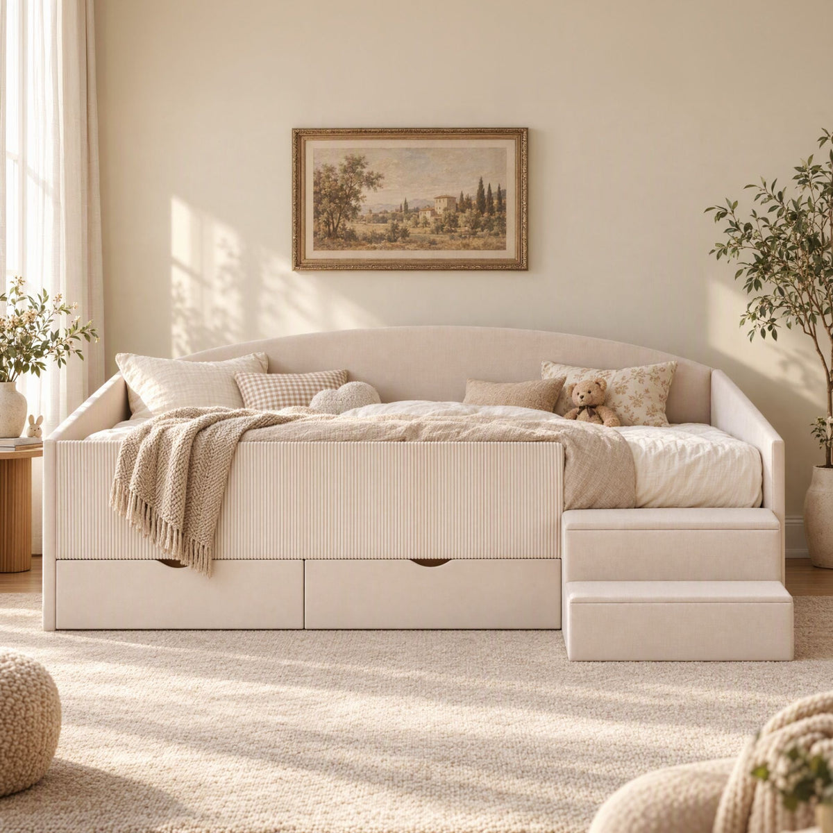 King Single Upholstered Daybed with Stairs and Storage Drawers - Beige - Furniture > Bedroom > Beds & Bed Frames - Rivercity House & Home Co. (ABN 18 642 972 209) - Affordable Modern Furniture Australia
