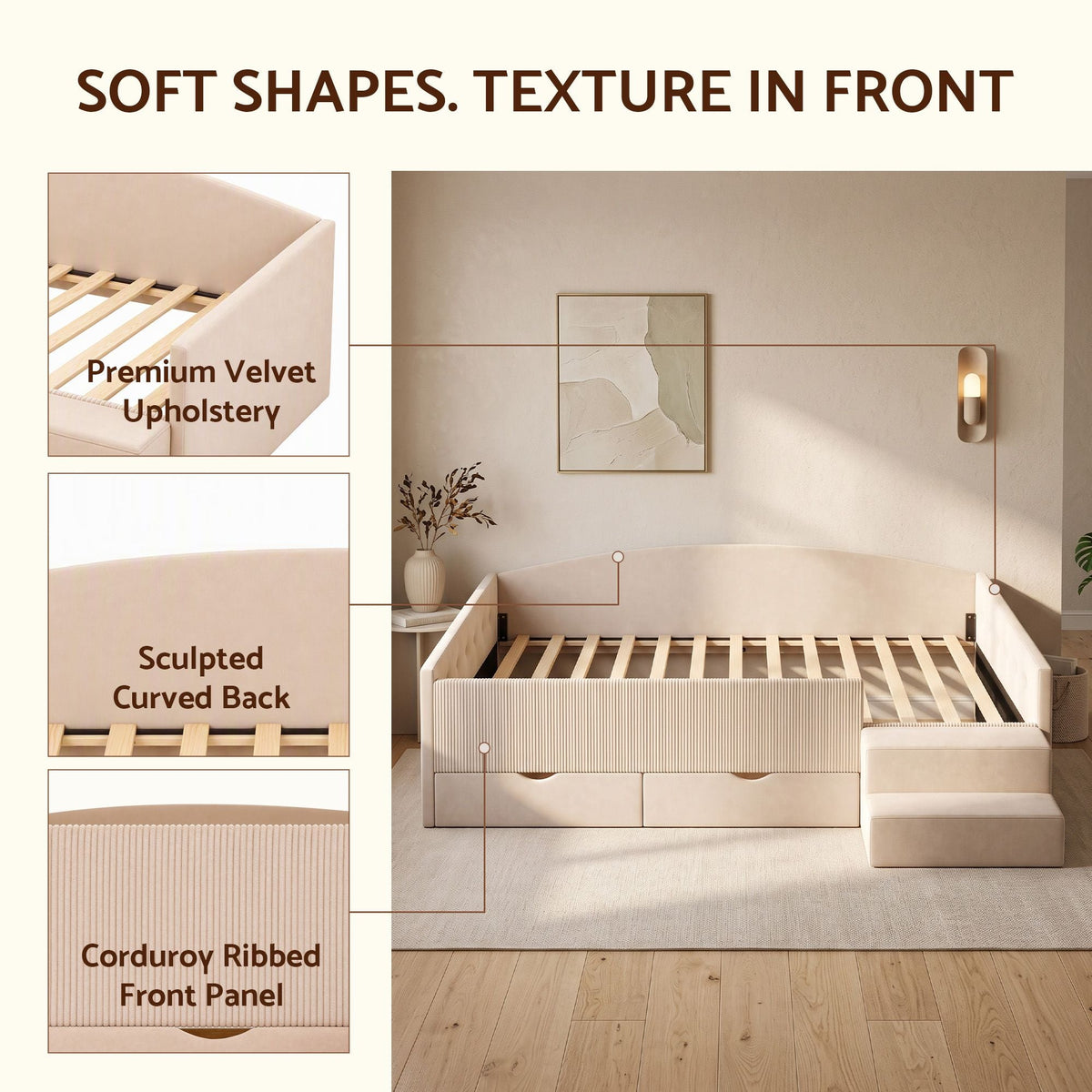 King Single Upholstered Daybed with Stairs and Storage Drawers - Beige - Furniture > Bedroom > Beds & Bed Frames - Rivercity House & Home Co. (ABN 18 642 972 209) - Affordable Modern Furniture Australia