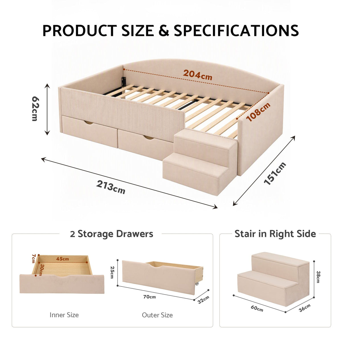 King Single Upholstered Daybed with Stairs and Storage Drawers - Beige - Furniture > Bedroom > Beds & Bed Frames - Rivercity House & Home Co. (ABN 18 642 972 209) - Affordable Modern Furniture Australia